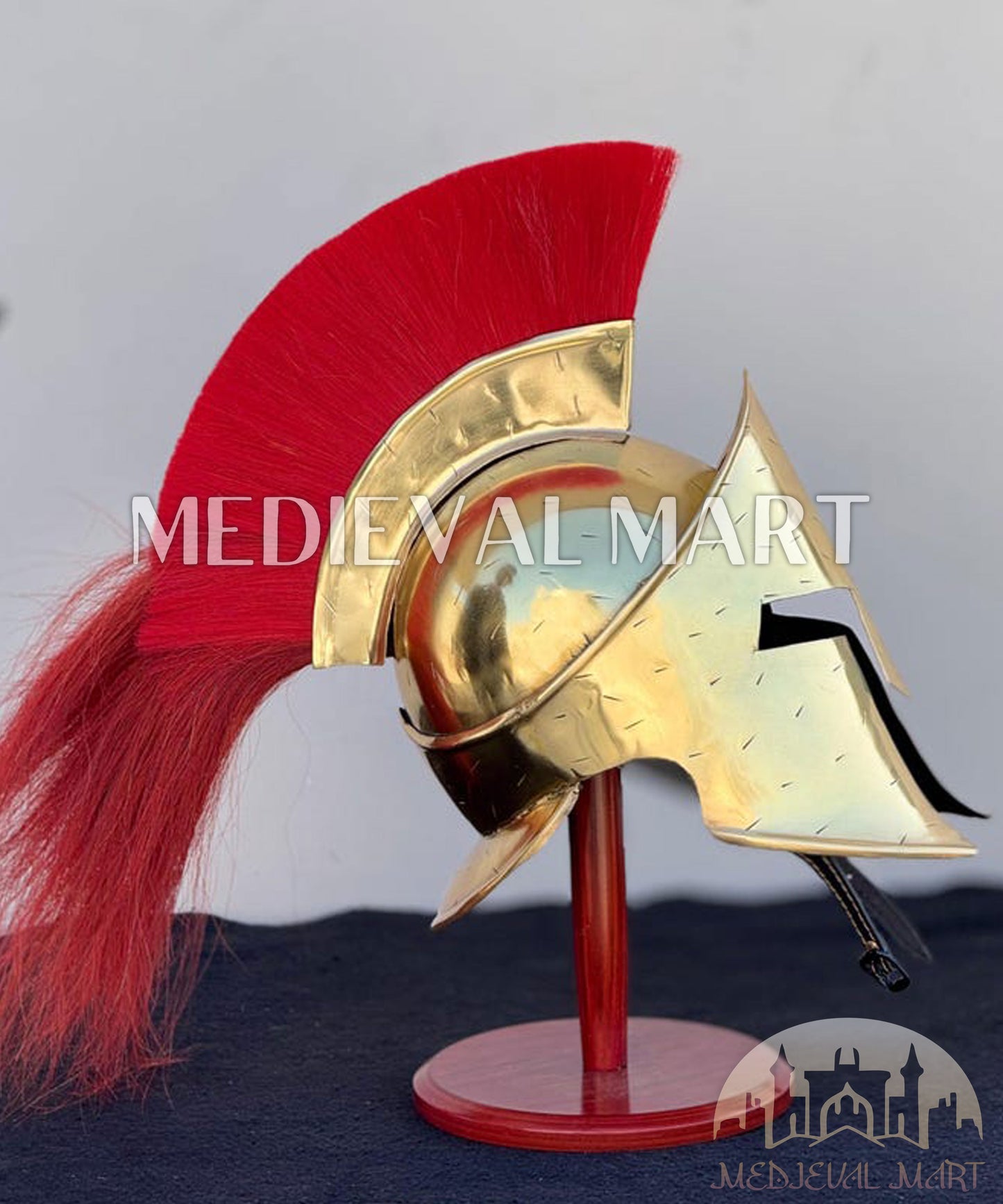 MEDIEVALMART "300" Spartan King Leonidas Shiny Brass Helmet W/H Free Stand | 300 Props