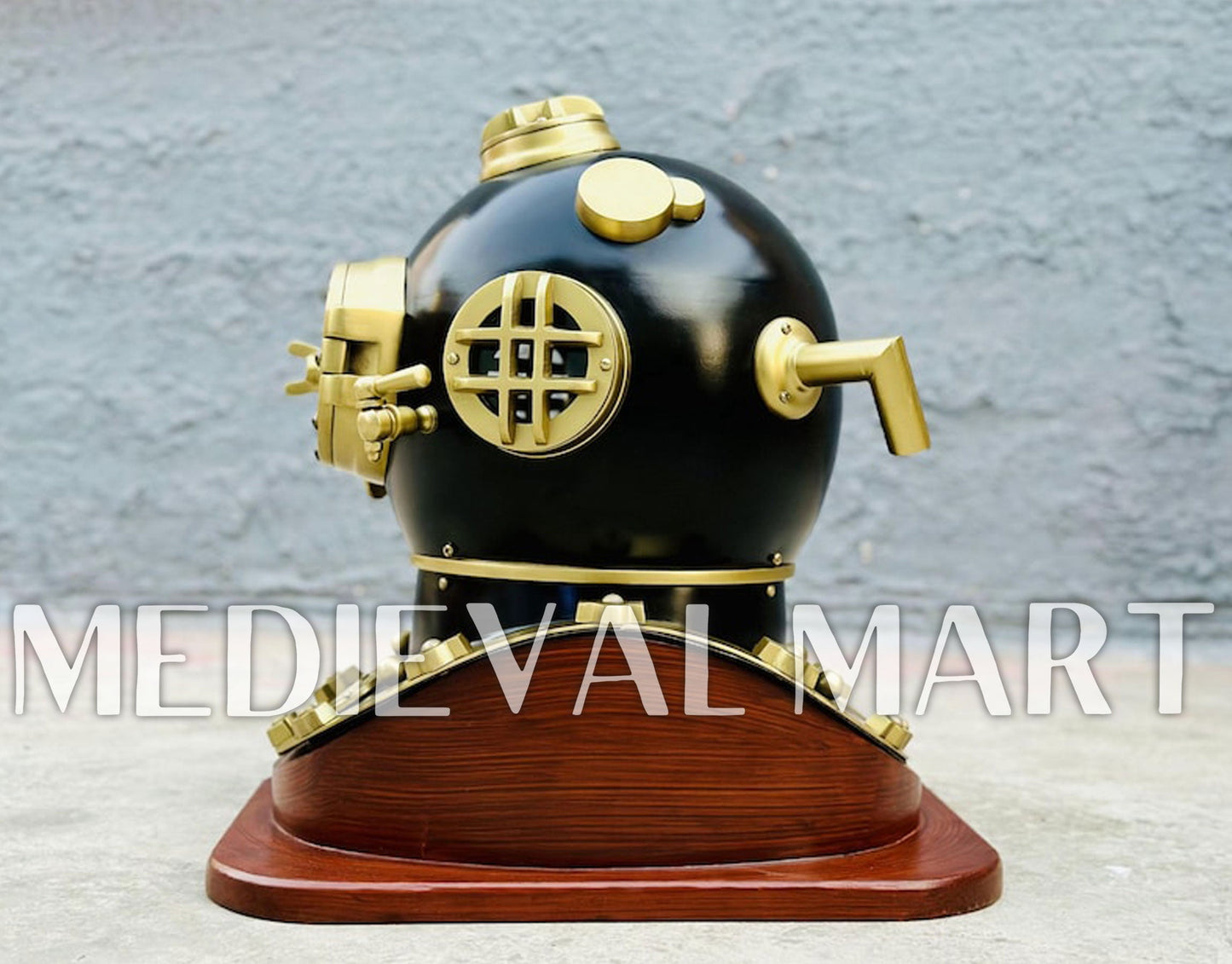 MEDIEVALMART Black Finish Diving Helmet With Wooden Base