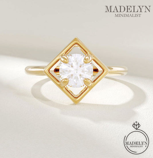 MADELYN MINIMALIST 14k Solid Gold Round Diamond Cz Ring, Dainty Square Shape Band Ideal for Everyday Wear | Gift for Her, Mom
