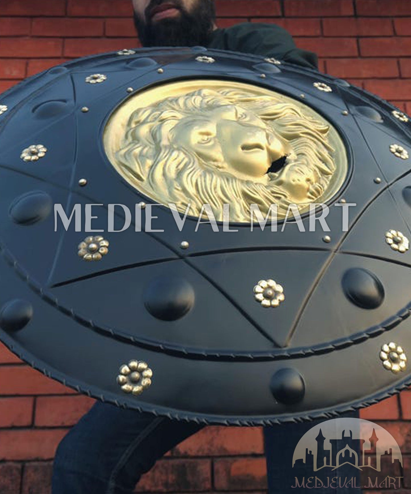 MEDIEVALMART Medieval Lion Face Spartan Shield W/H Black Finish | Gift For Dad