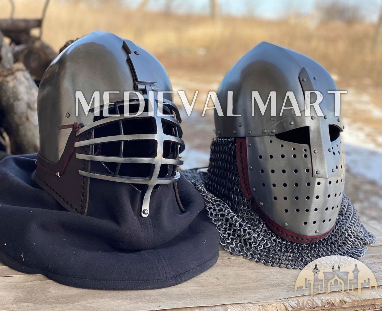MEDIEVALMART 14th-Century Limited Collection "Wolf Ribs" & "Norman" Bacinet Helmet