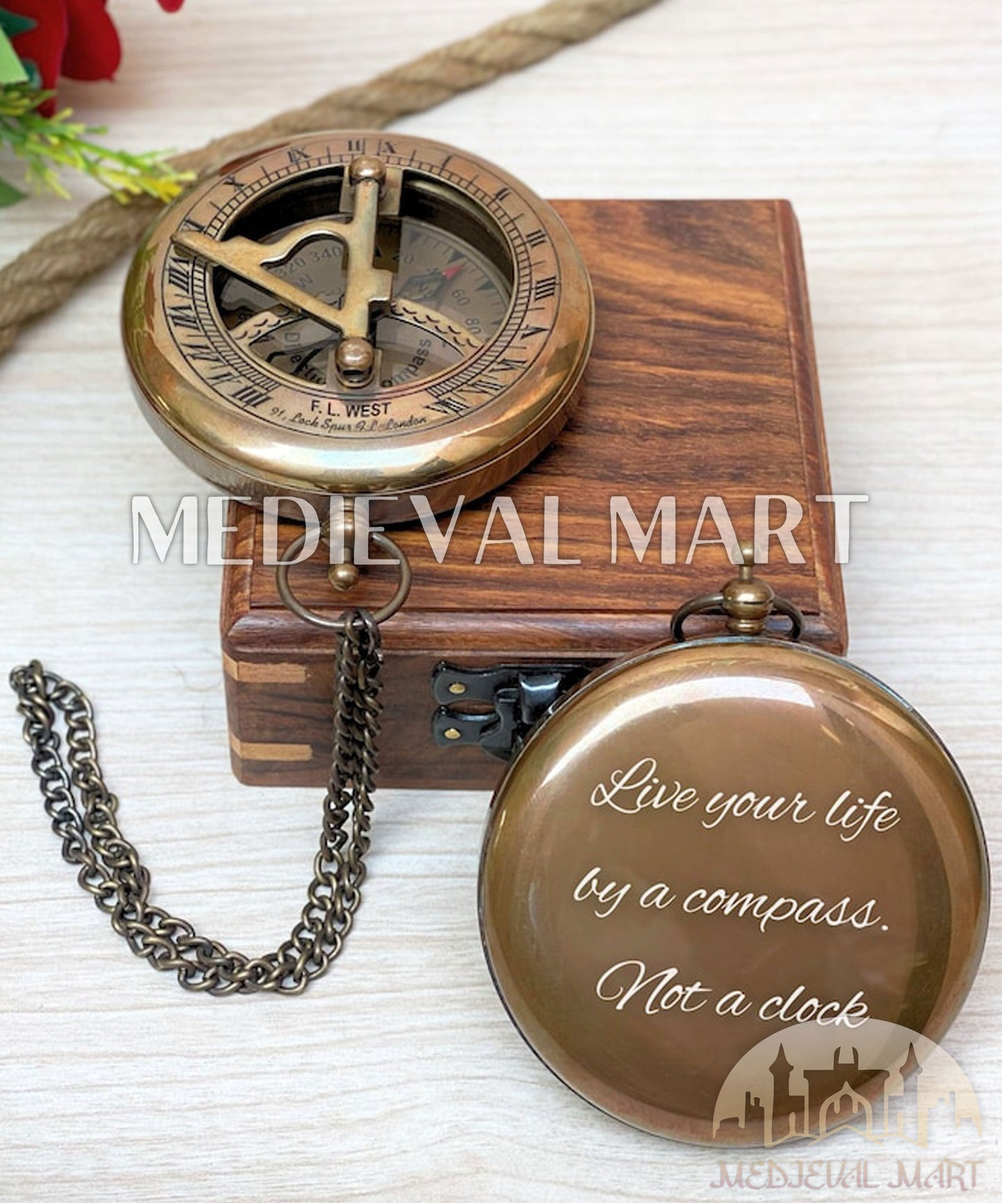 MEDIEVALMART Personalized Nautical Sundial Pocket Compass Antique Finish W/H Gen-1 Wooden Case | Gift For Mom