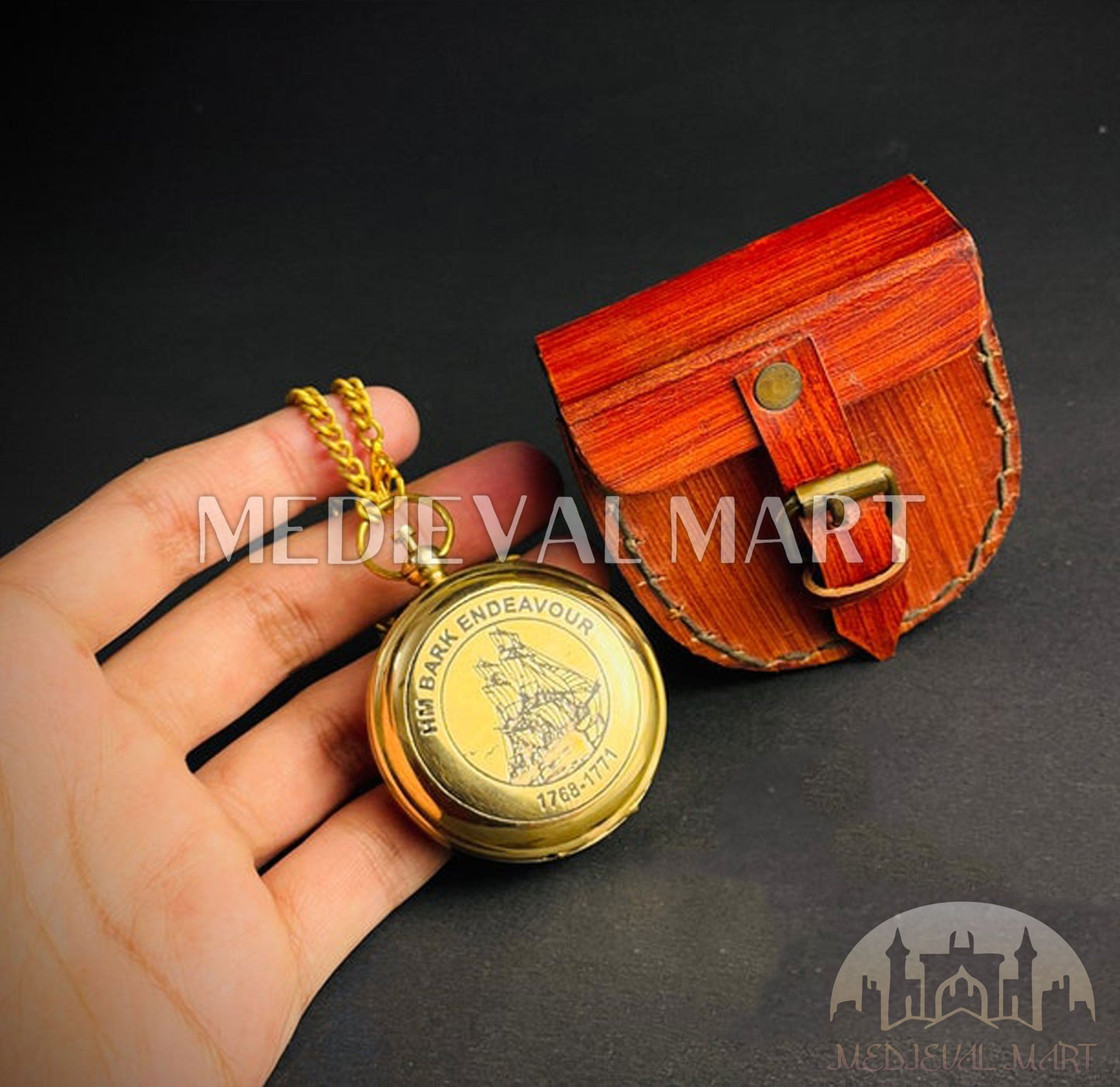 MEDIEVALMART Nautical Pirates Vintage Pocket Engrave Compass Locket Gold Finish W/H Leather Case | Gift For Her