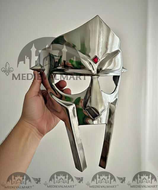 MEDIEVALMART PREMIUM MF DOOM Mask Mad Villain Metallic Silver Finish Steel Face Armor