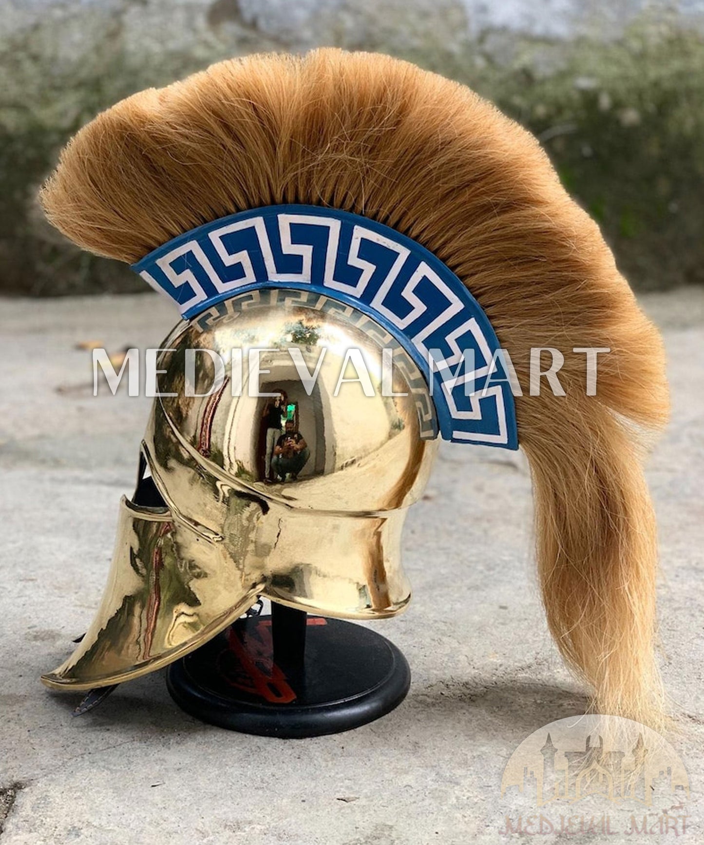 MEDIEVALMART "7th Cen BCE" Greek Corinthian Shiny Brass Finish Full Size Royal Helmet W/H Plume or Free Stand | Greek Props