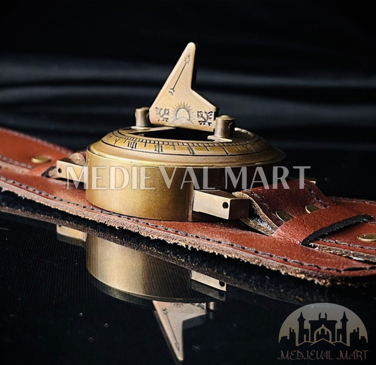 MEDIEVALMART Nautical Custom Engraved Sun Clock Compass Hand Watch Gold Finish W/H Leather Strap | Gift For Him