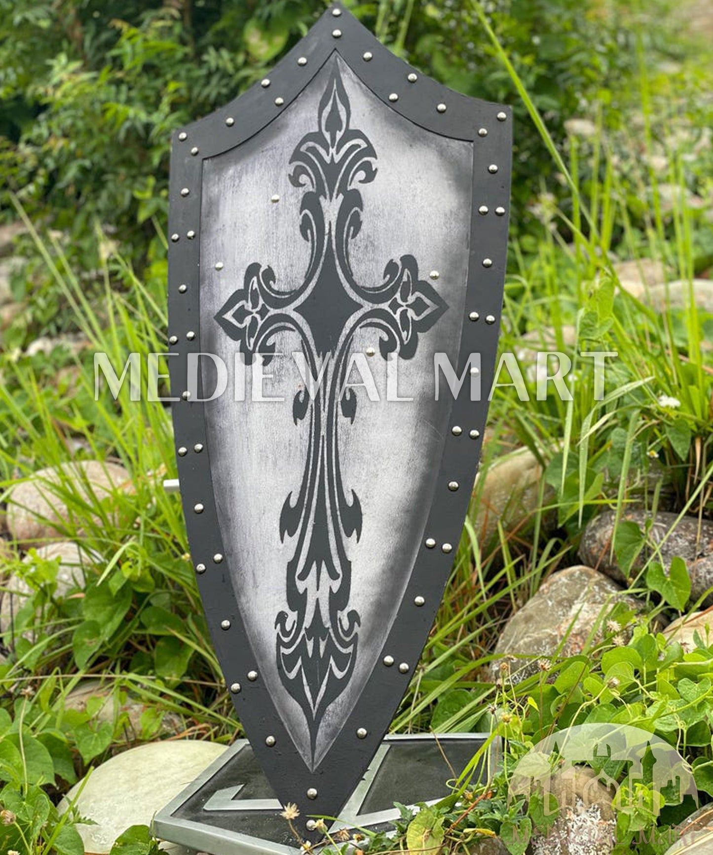 MEDIEVALMART Medieval Templar Spanian Cross Inspired Wooden Shield Black & Siver Finish | Gift for Christmas Day