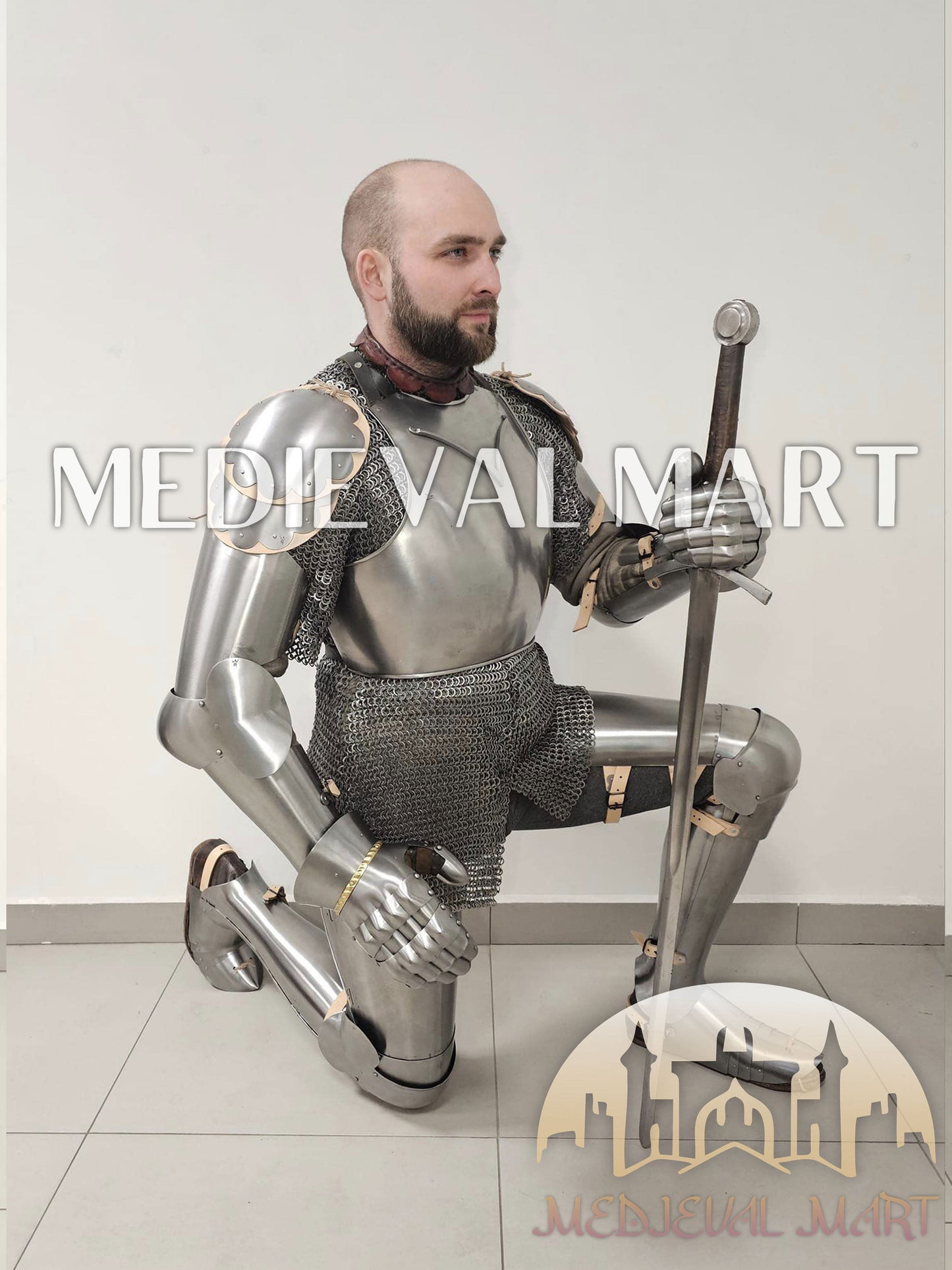 MEDIEVALMART 14th-Century Authentic Combat Full Plate Armor W/H Sword & Chainmail Inner
