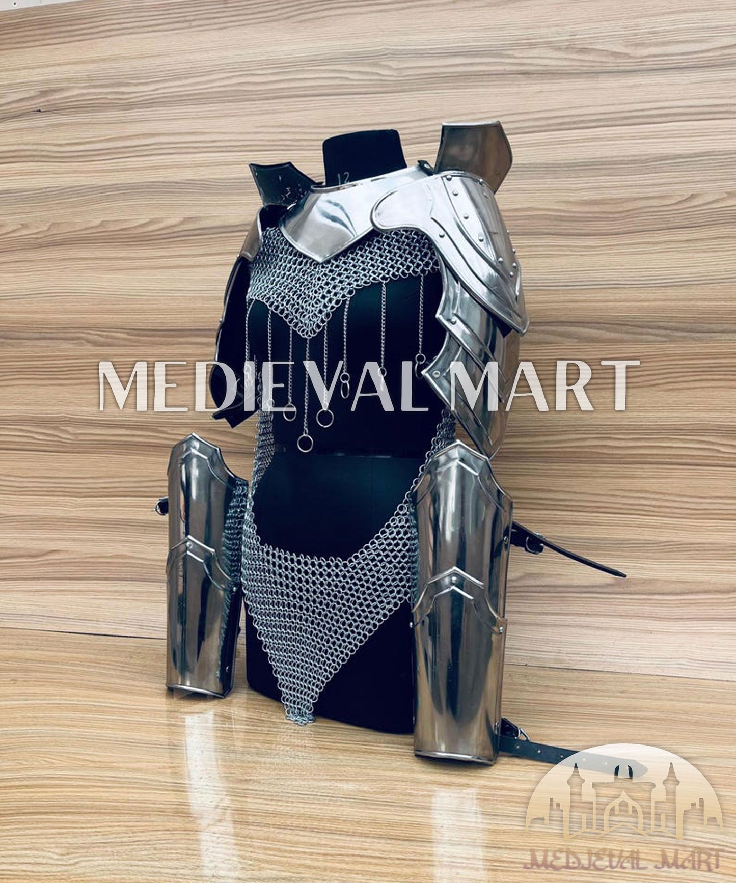 MEDIEVALMART (Isolara Dragonplate) Women’s Armor W/H (Sable Knight) Chainmail + Arms Armor