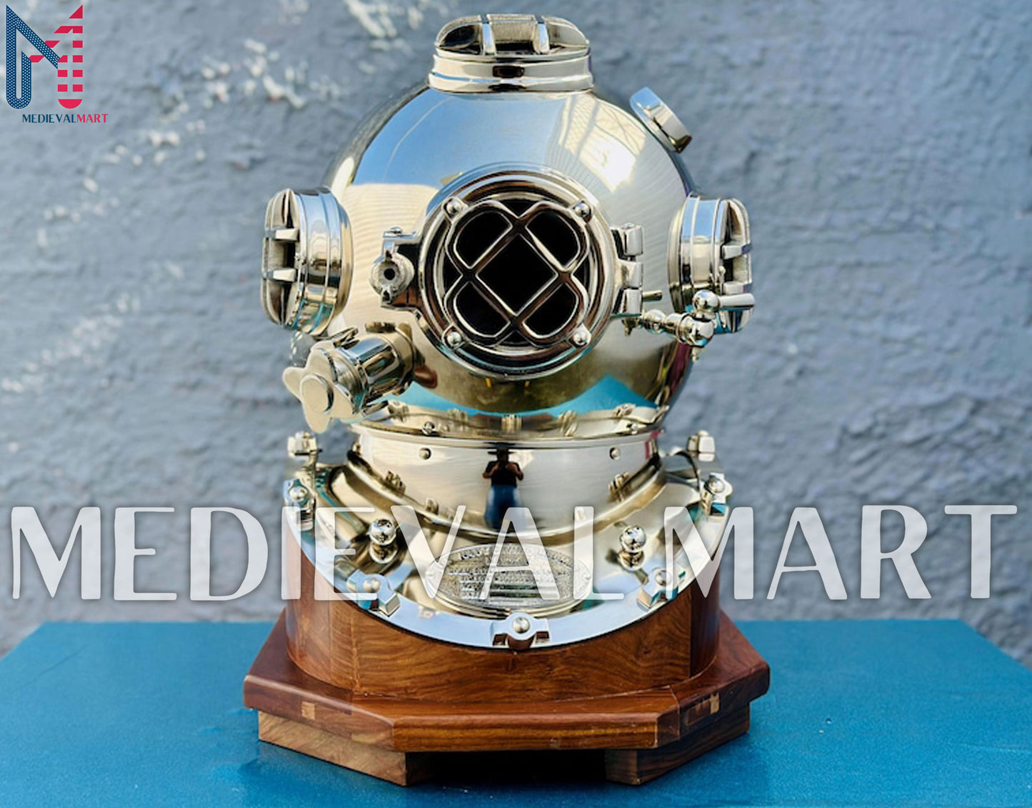 MEDIEVALMART Nautical Chrome Plated Diving Helmet With Wooden Base