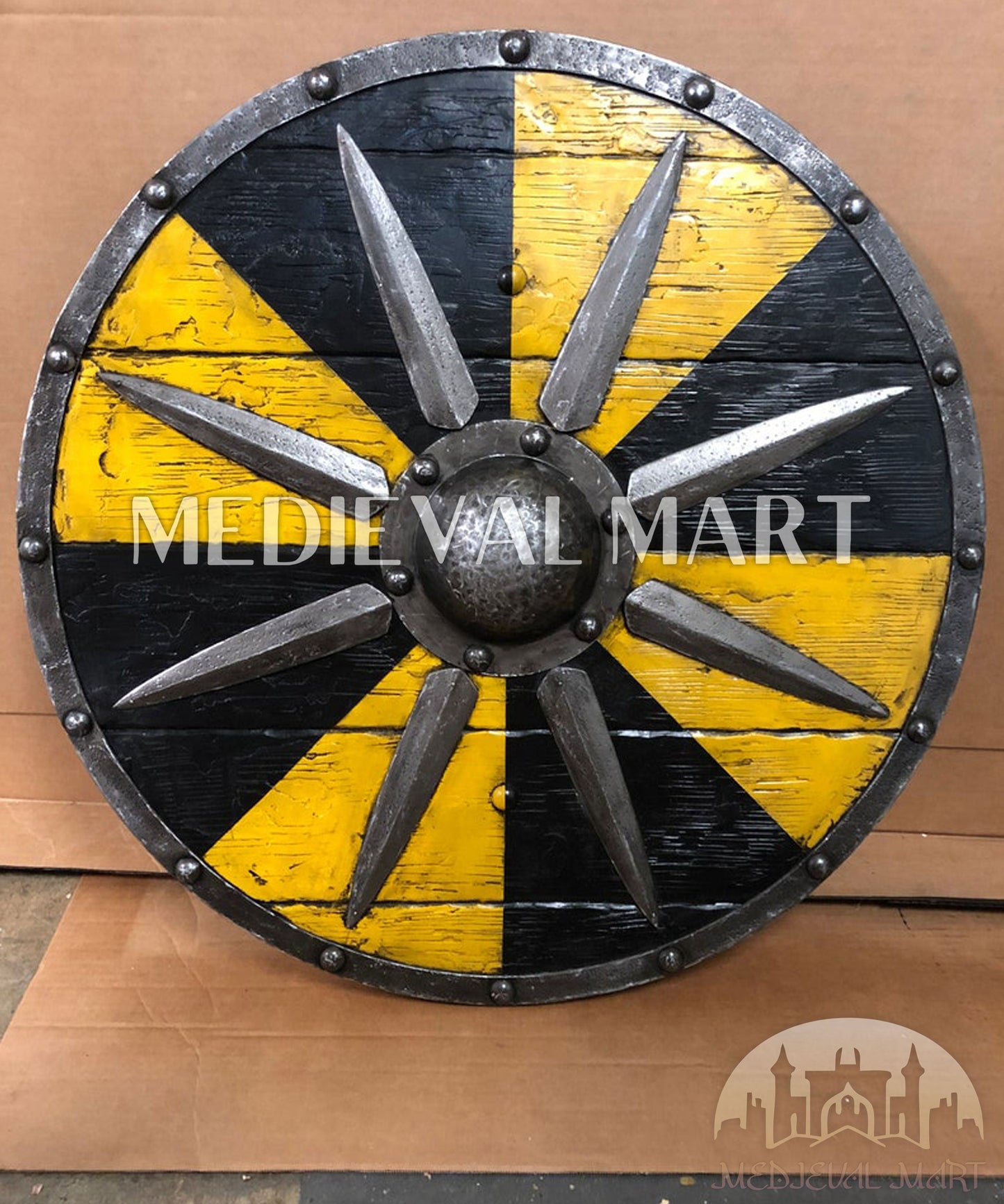 MEDIEVALMART Iconic Viking's Jarl Borg Iron Spikes Battleworn Viking Wooden Shield | Gifts For Dad