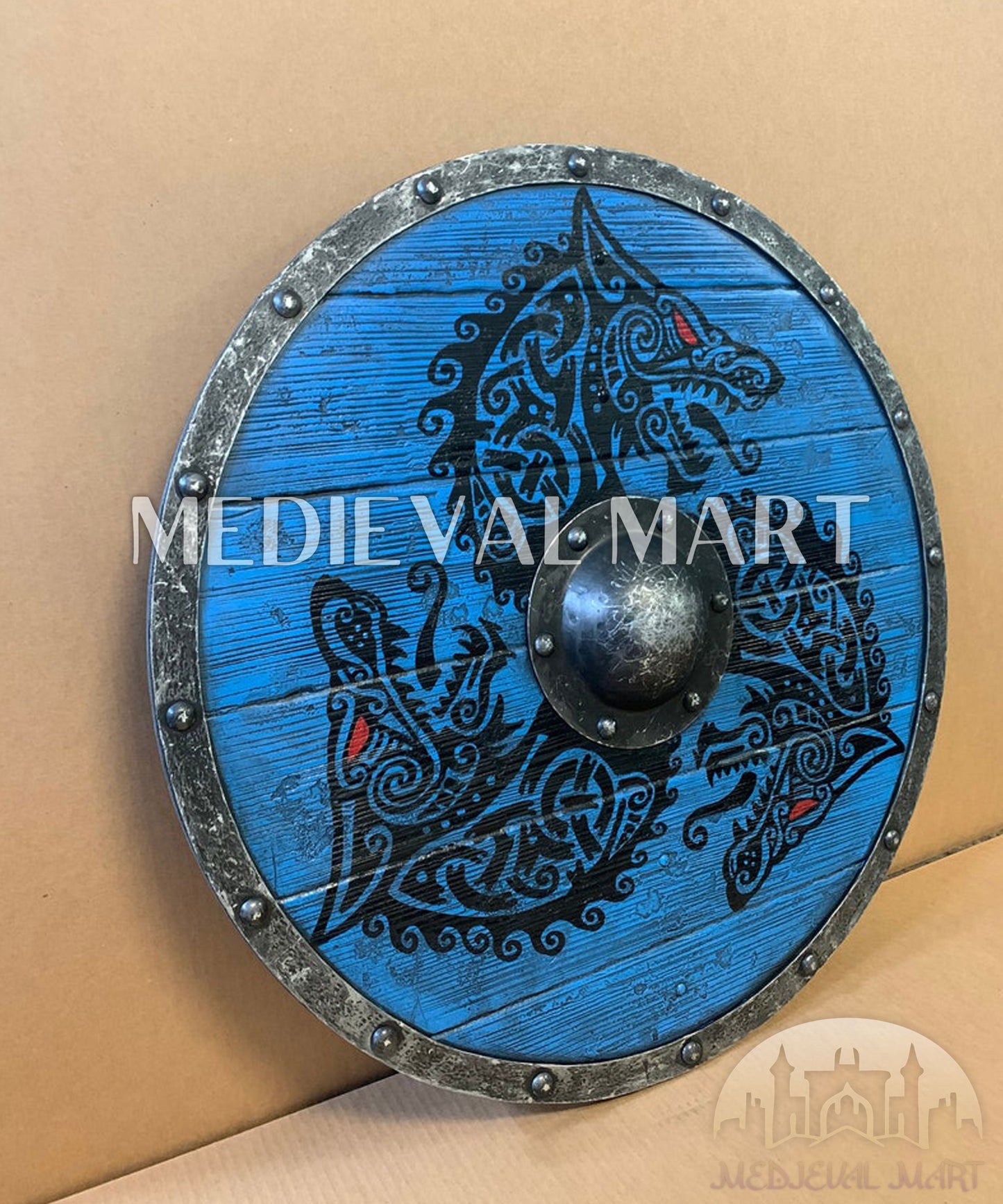 MEDIEVALMART Viking's Fenrir Blue Athena’s Authentic Battleworn Viking Wooden Shield | Gifts For Dad