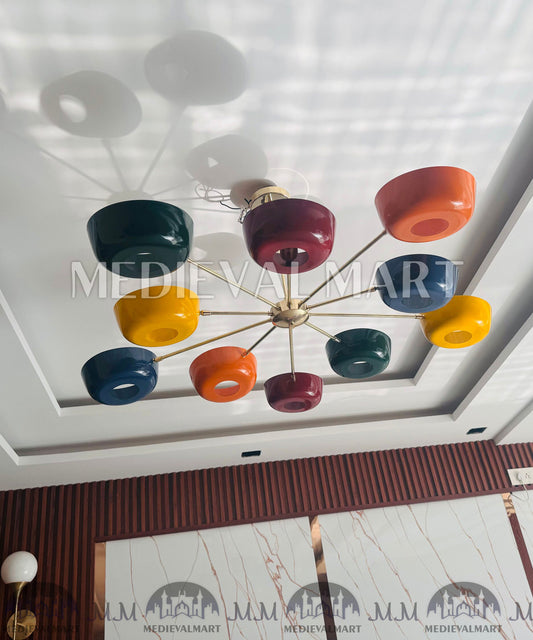 MEDIEVALMART Handcrafted Brass Starburst Chandelier | Mid Century Modern Multi Color Light