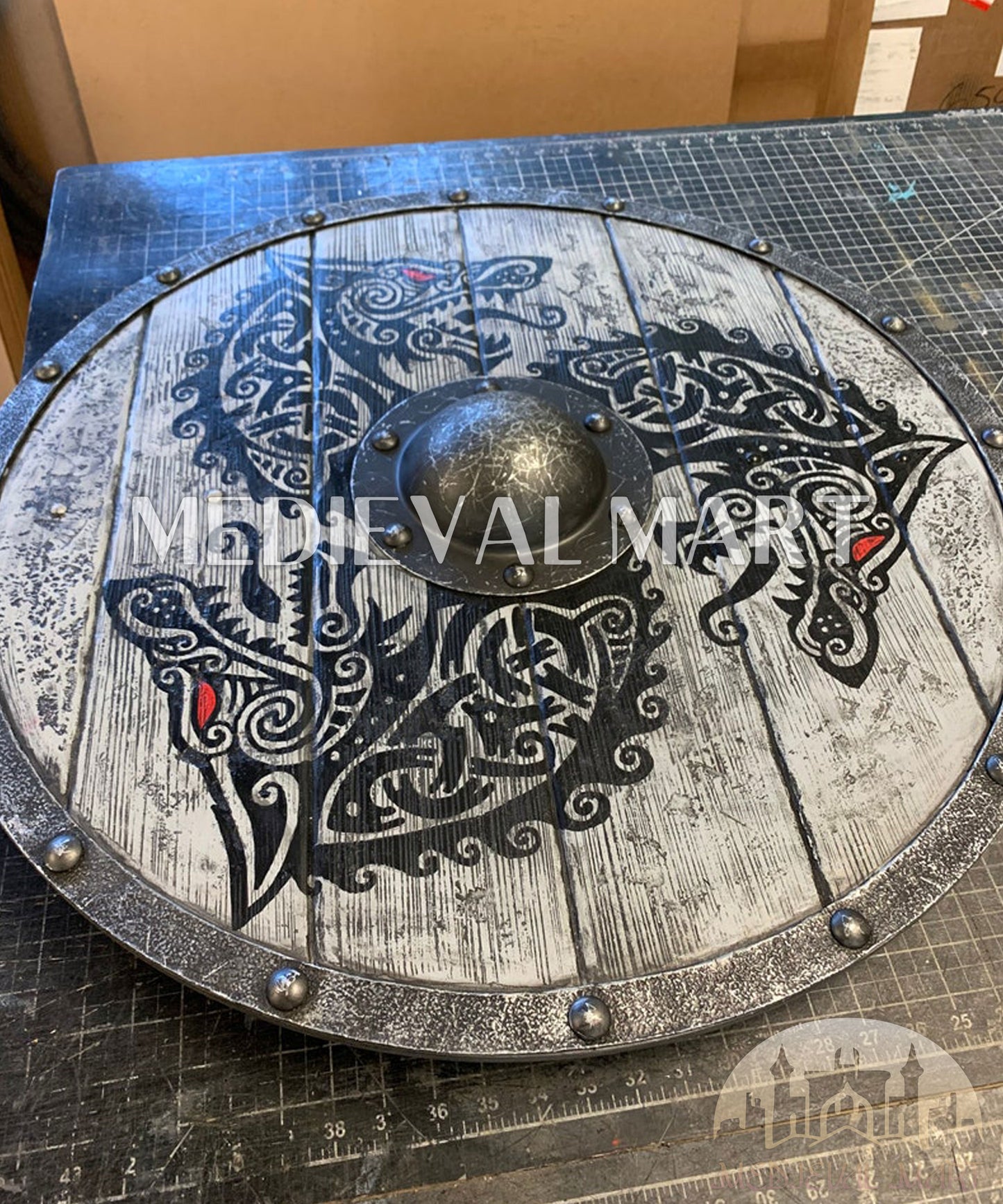 MEDIEVALMART Viking's Fenrir Gray Athena’s Authentic Battleworn Viking Wooden Shield | Gifts For Dad