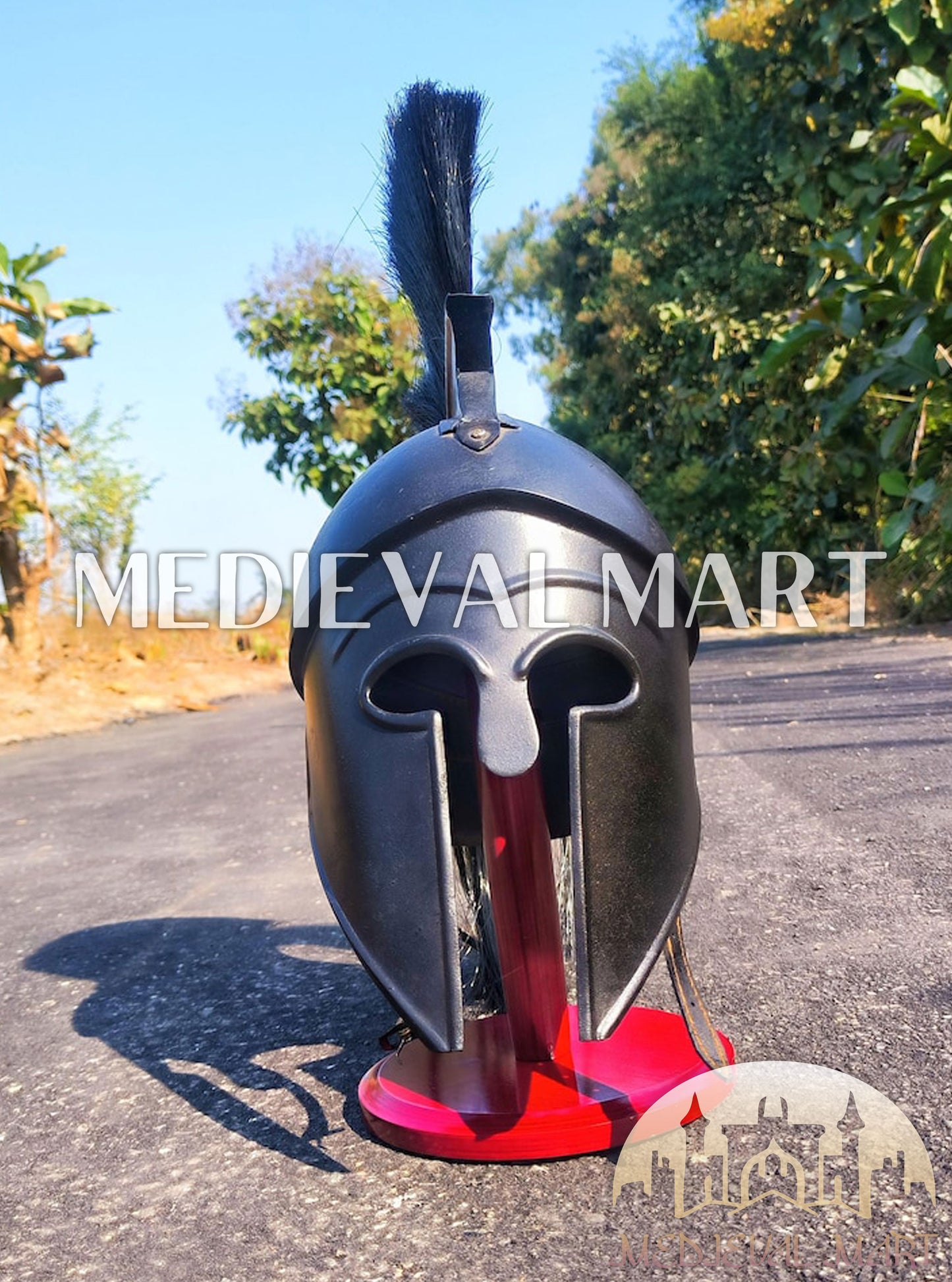 MEDIEVALMART Corinthian Greek Knight Crusader Black Finish Spartan Helmet W/H Free Stand | 300 Props