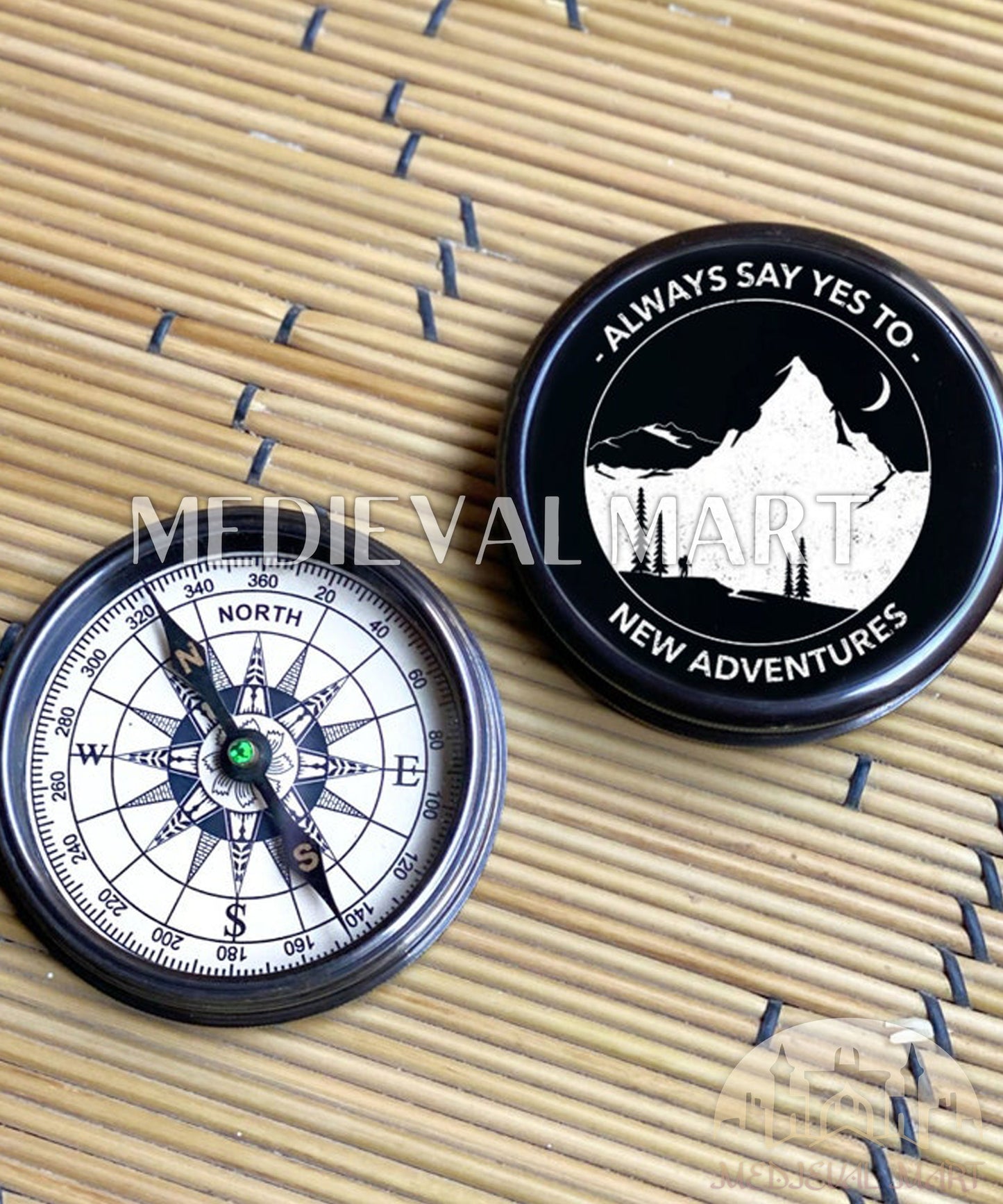 MEDIEVALMART Nautical Engrave Adventure Compass Black Finish W/H Gen-1 Wooden Case | Gift For Him