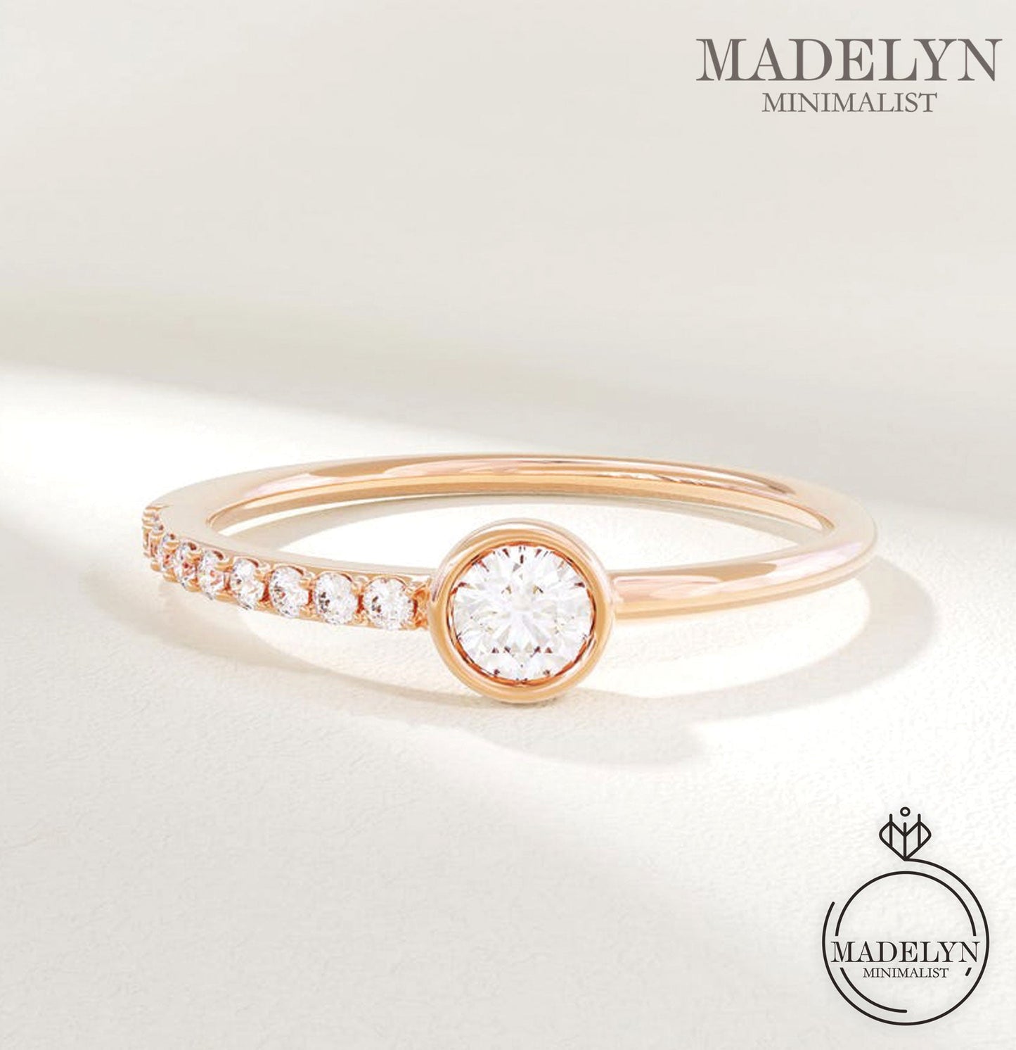 MADELYN MINIMALIST 14k Solid Gold Bezel Diamond Tiny Solitaire Promise Ring for Women | Her Birthday Gift