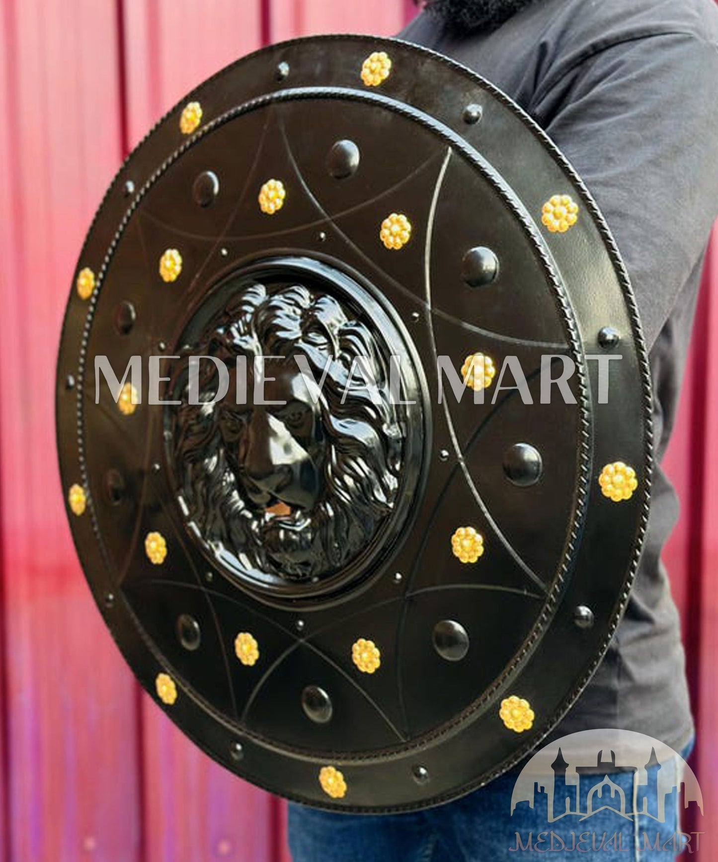 MEDIEVALMART Medieval Spartan Exclusive Gold Lion Face Shield W/H Black Finish | Gift for Dad