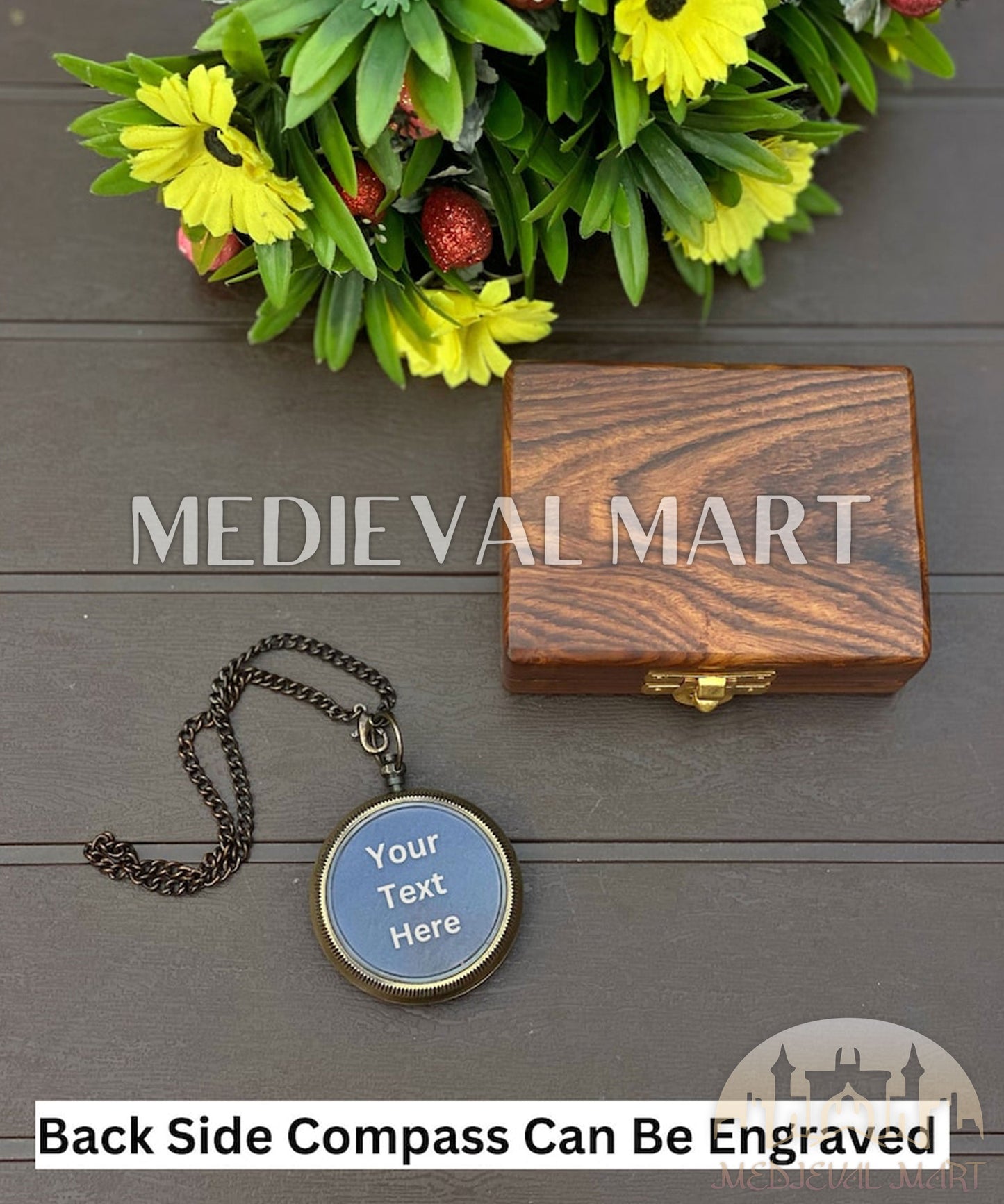 MEDIEVALMART Personalized Antique Finish Locket Compass W/H GEN-2 Custom Wooden Case | Gifts For Her or Mom