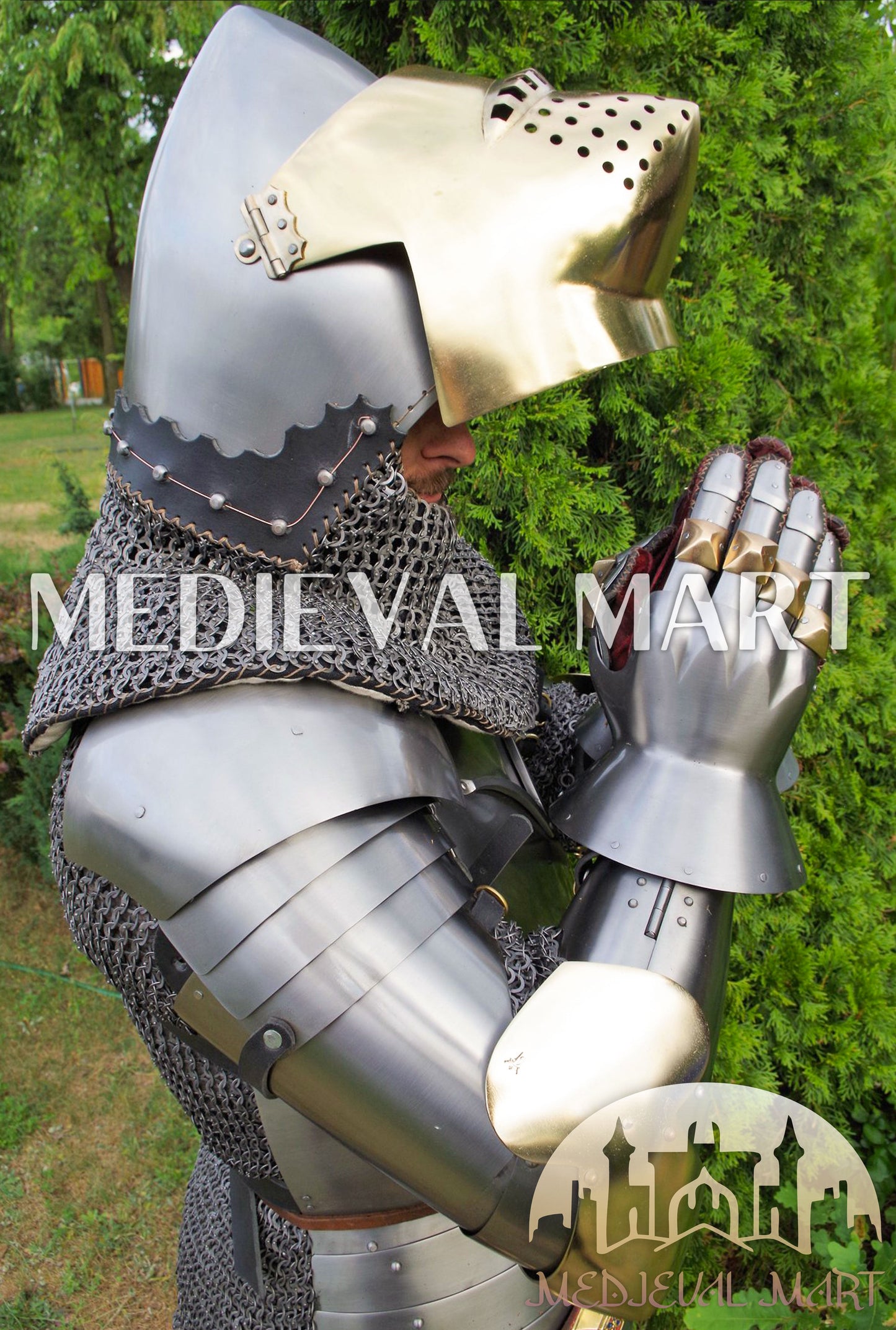 MEDIEVALMART Historical Knight Full Body Steel Armor Suit W/H Hundsgugel Helmet, Cuirass Stop Rib or Brass Touch