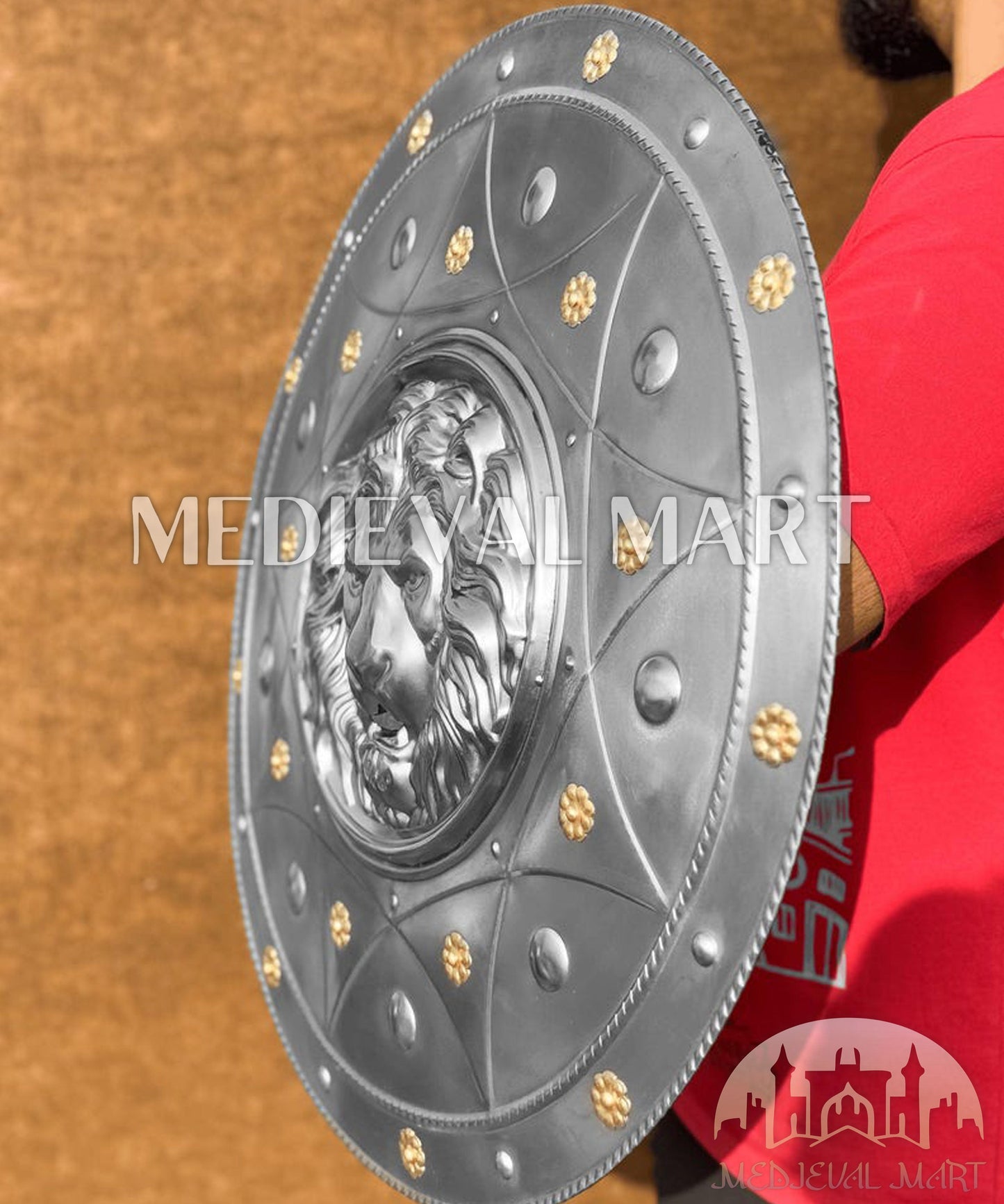 MEDIEVALMART Medieval Lion Face Spartans Shield Two Finish Brown or Silver | Gift for Dad