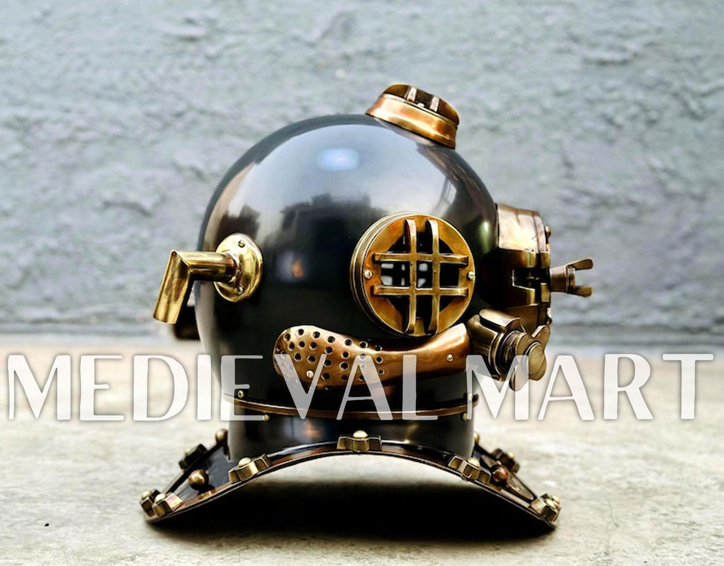 MEDIEVALMART Antique Black Finish Diving Helmet With Wooden Base