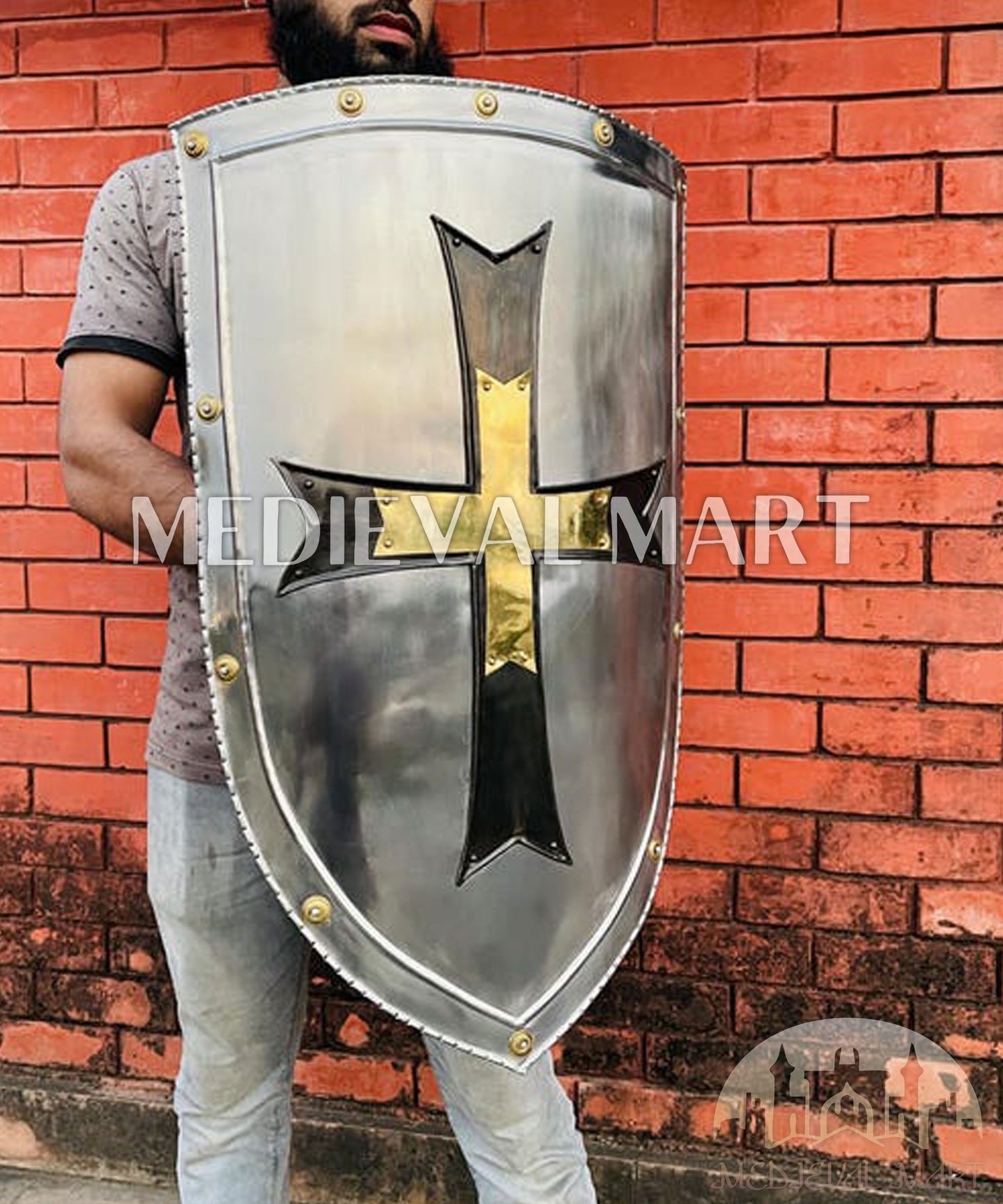 MEDIEVALMART Medieval Crusader Knight Templar Shield W/H Brass & Black Cross | Gift for Dad