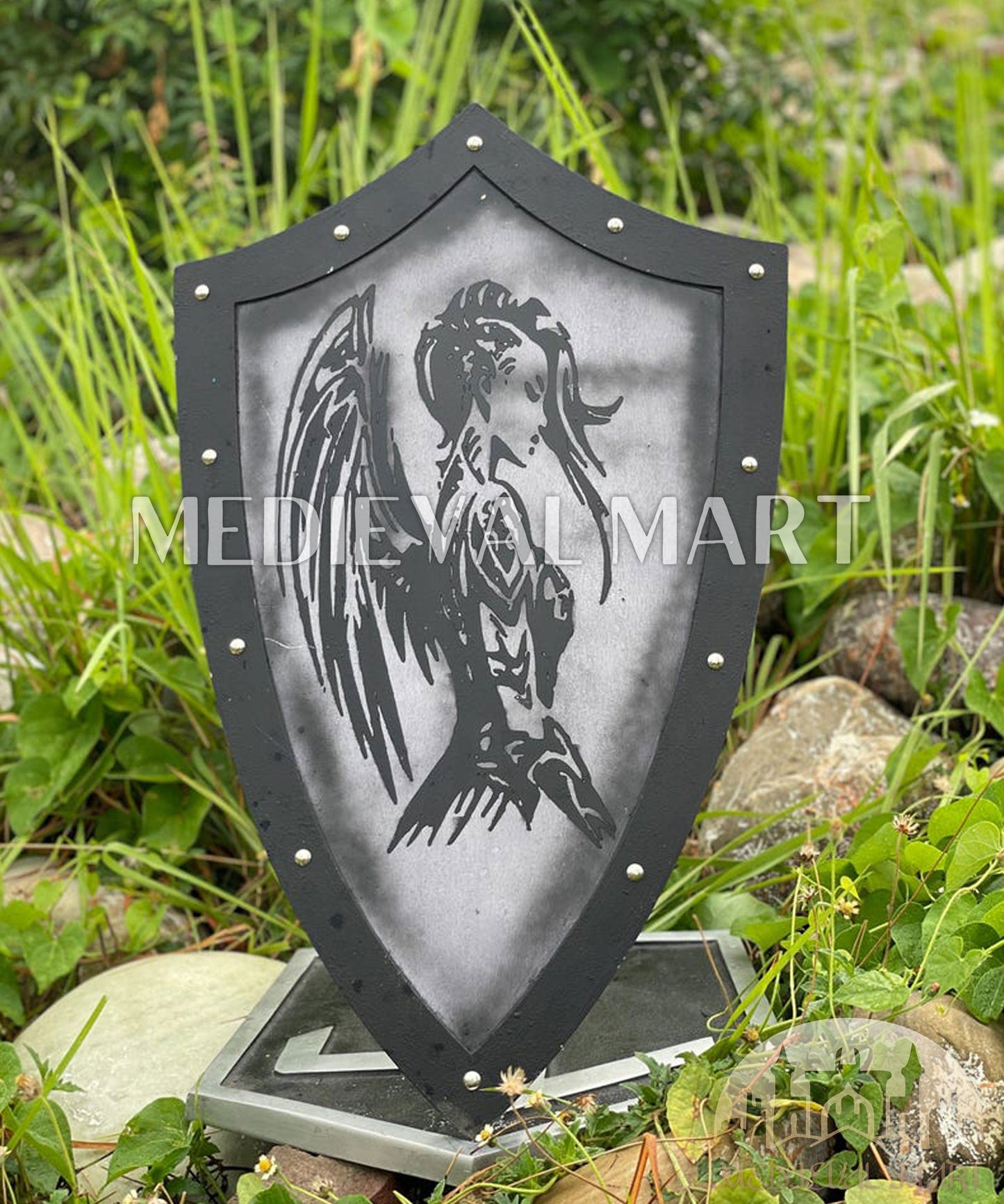 MEDIEVALMART Medieval Templar Devil Angel Inspired Wooden Shield Black & Siver Finish | Gift for Christmas Day