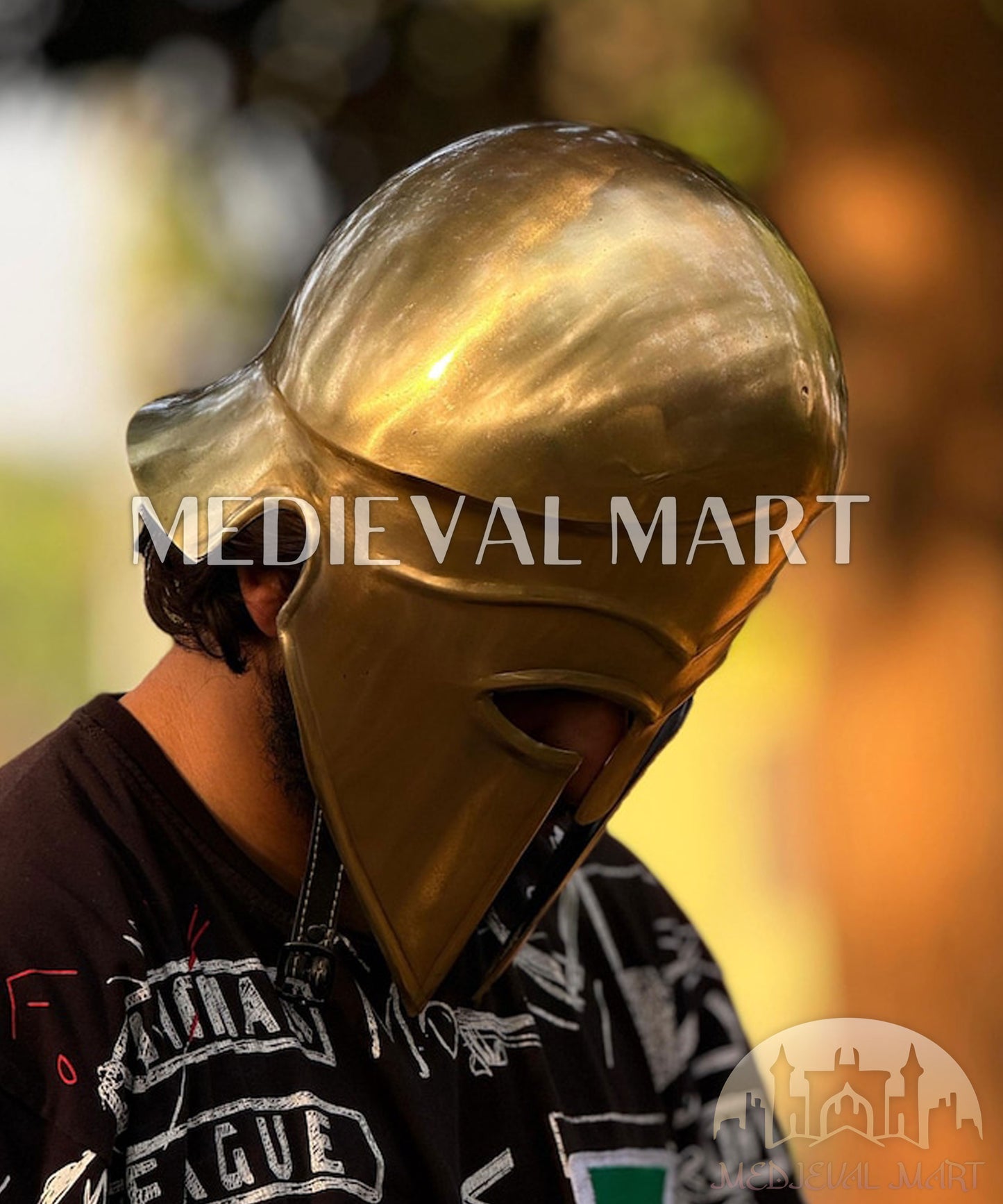 MEDIEVALMART "4th Cen BCE" Greek Hoplites Corinthian Gold Finish Helmet W/H Free Stand | Greek Props