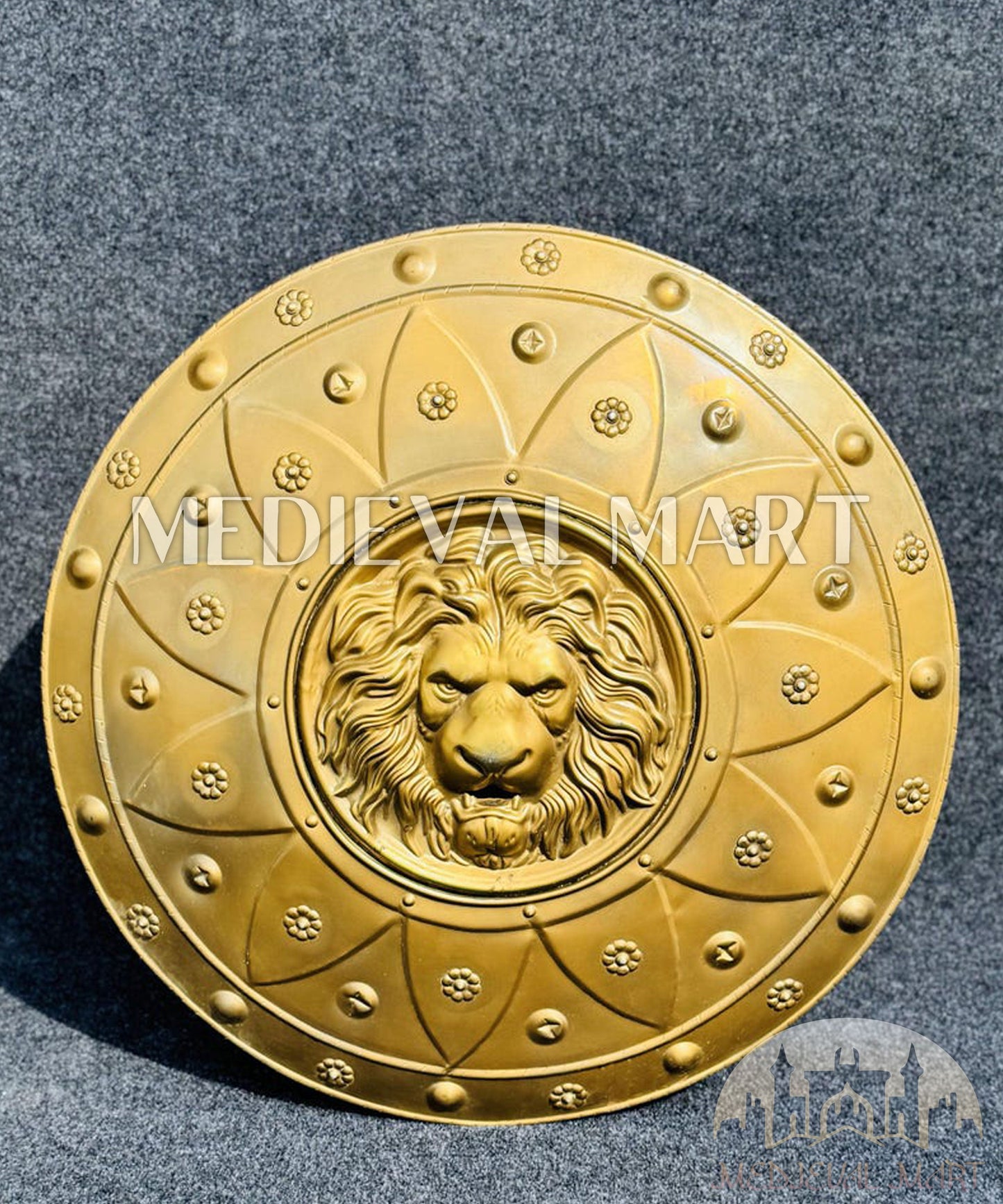 MEDIEVALMART Medieval Lion Face Sparta Shield Full Gold Finish | Gift for Halloween Day