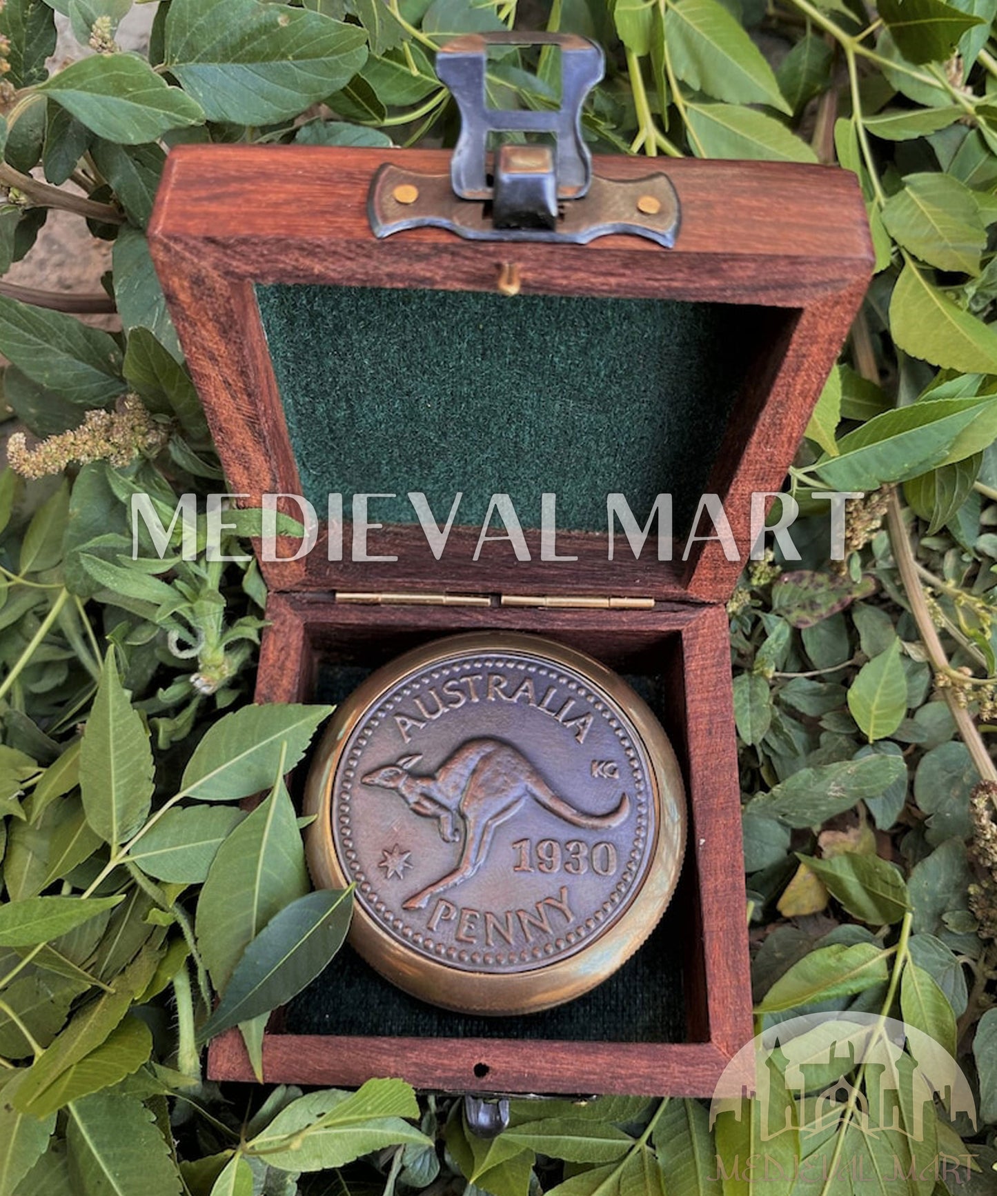 MEDIEVALMART Australian 1930 Antique Finish bandicoot Compass W/H Custom Wooden Case | Gifts For Mom & Dad