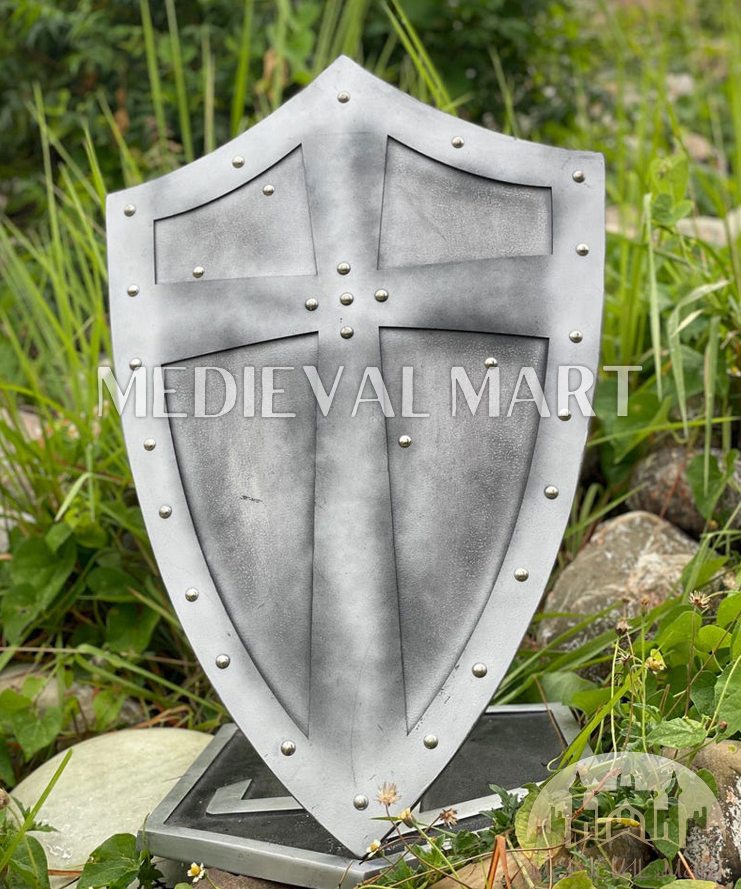 MEDIEVALMART Medieval Templar Salebi Cross Inspired Wooden Shield Black & Siver Finish | Gift for Christmas Day