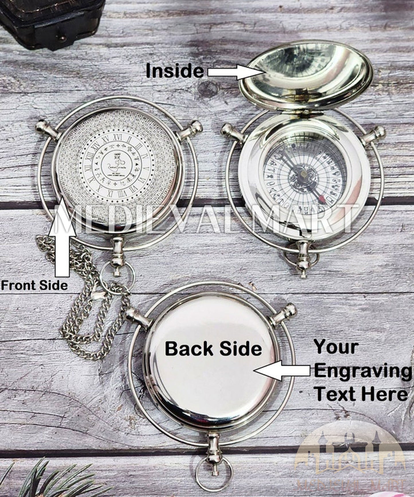 MEDIEVALMART Nautical Custom Engraved Alethiometer Chrome Pocket Compass Chrome Finish W/H Lather Case | Gift For Mom