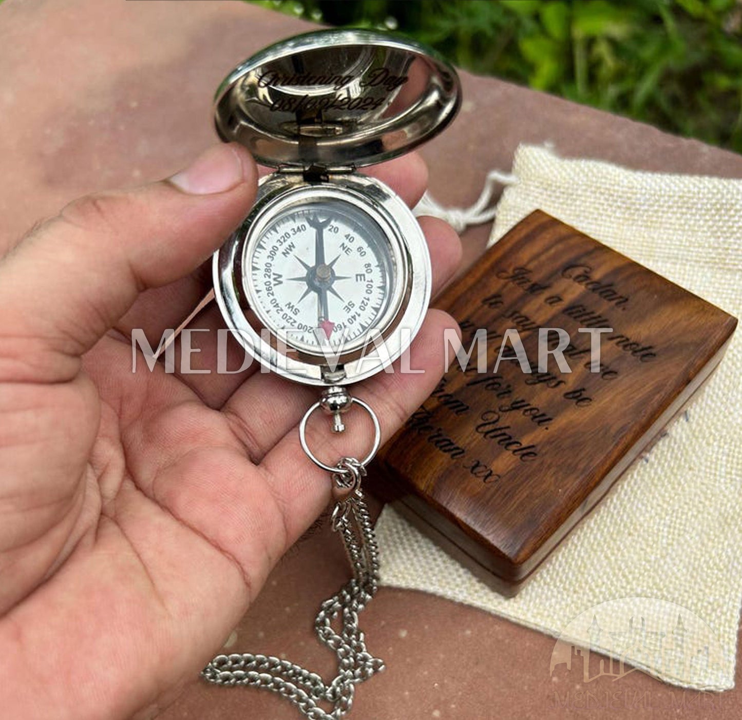 MEDIEVALMART Engraved Minimalist Marine Pocket Cute Compass Chrome Finish W/H Gen-2 Wooden Case | Gift For Her