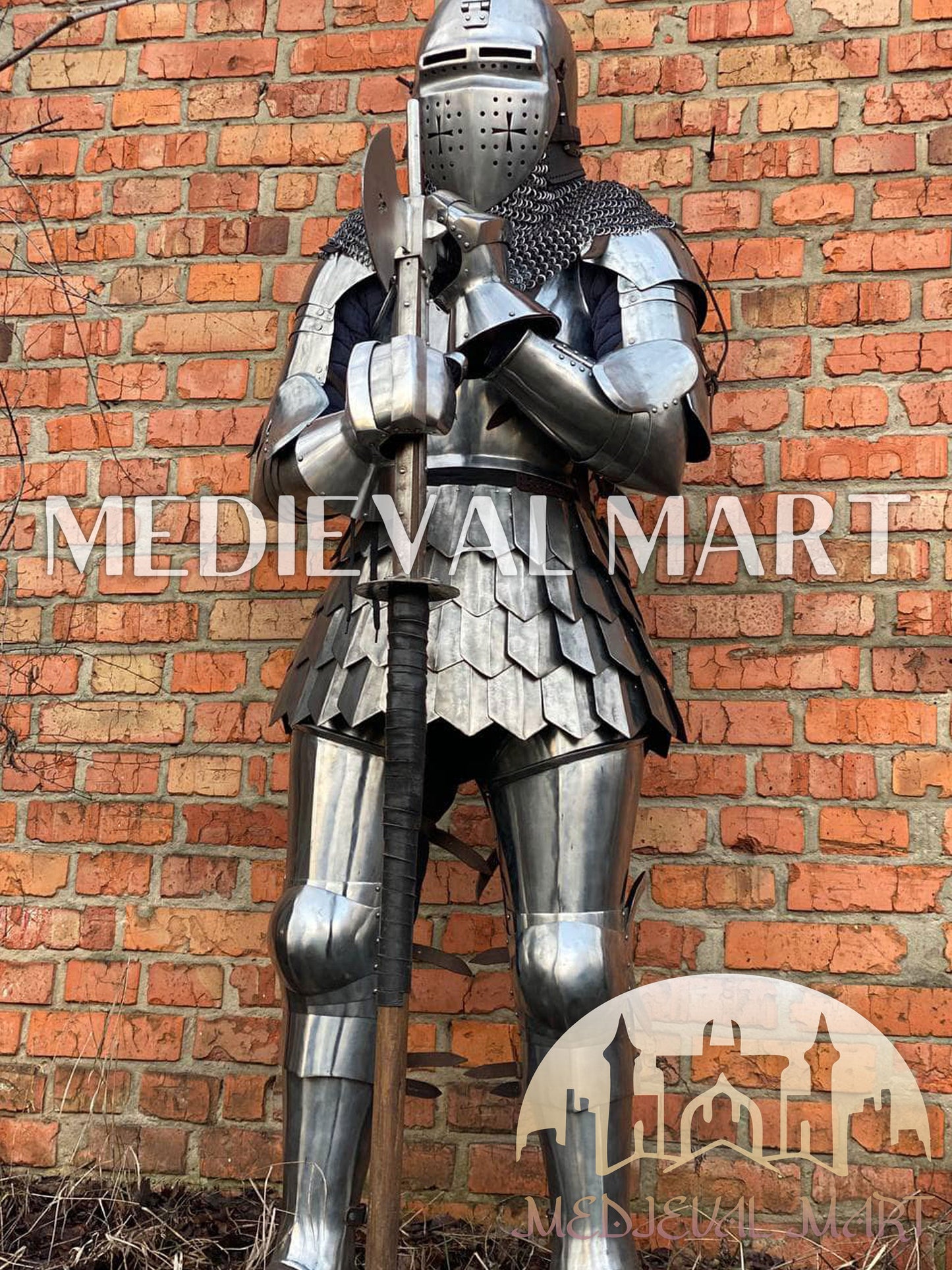 MEDIEVALMART 14th Century Knight Crusader-Era Transitional Plate Hybrid Armor W/H Wolf Ribs Bacinet & Pole Arms Hammer
