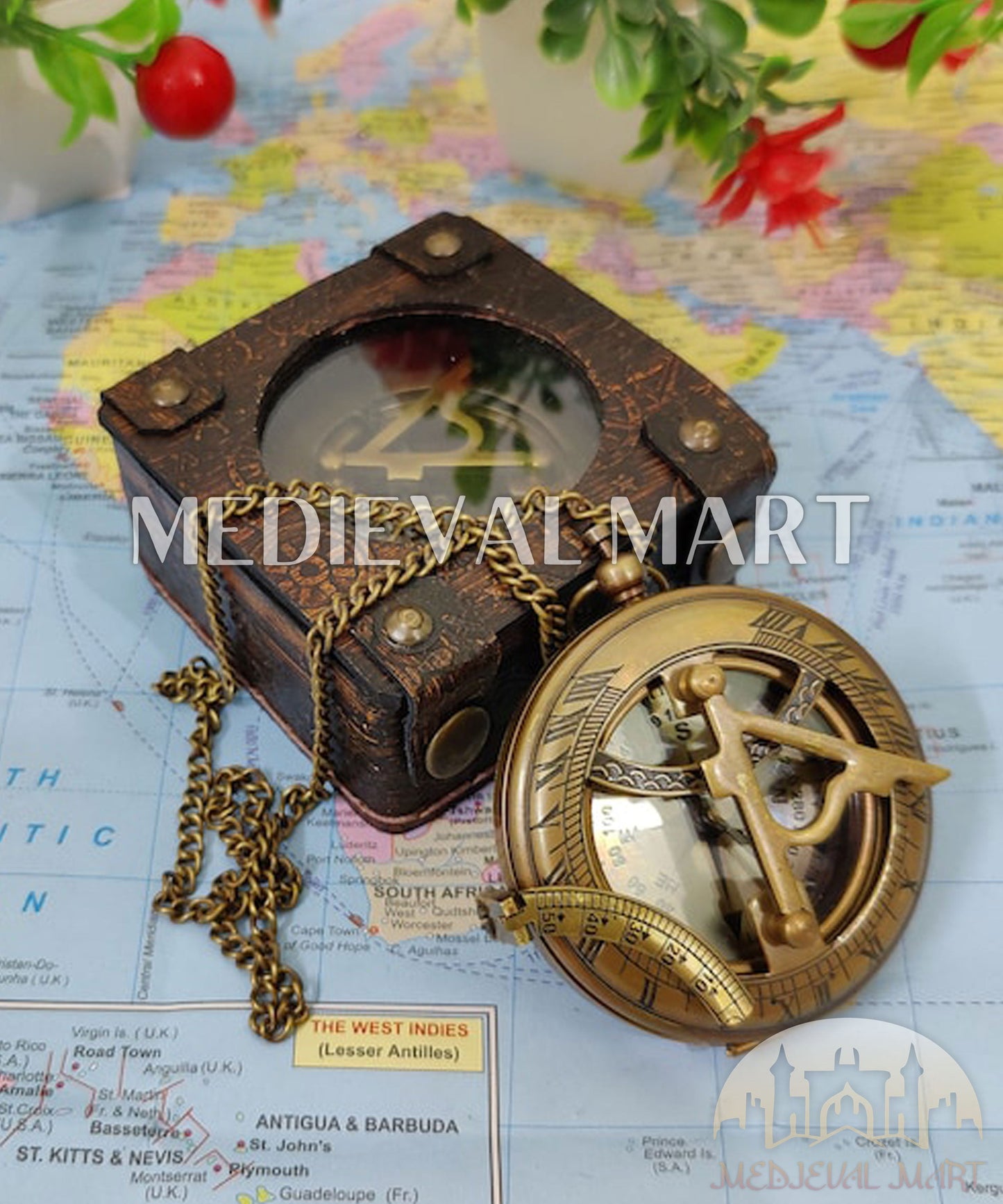 MEDIEVALMART Nautical Vintage Brass Sundial Pocket Compass Gold Finish W/H Gen-3 Pandora Case | Gift For Mom & Dad