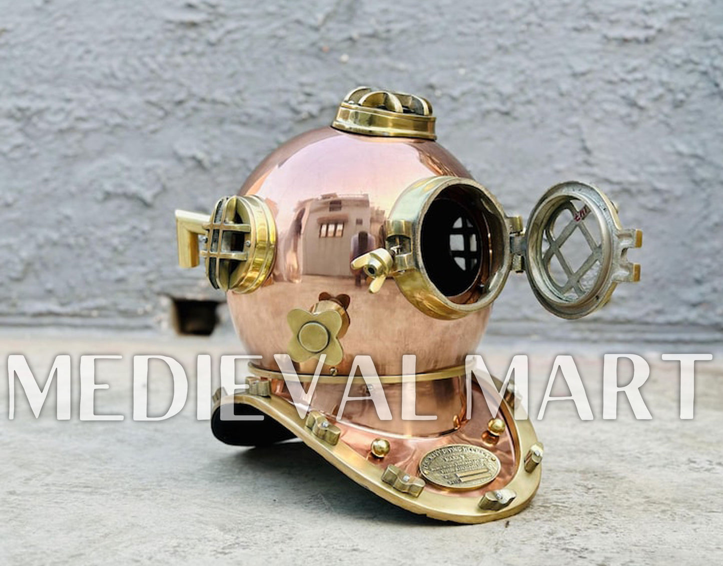 MEDIEVALMART Nautical Rose Gold Finish Diving Helmet With Wooden Base
