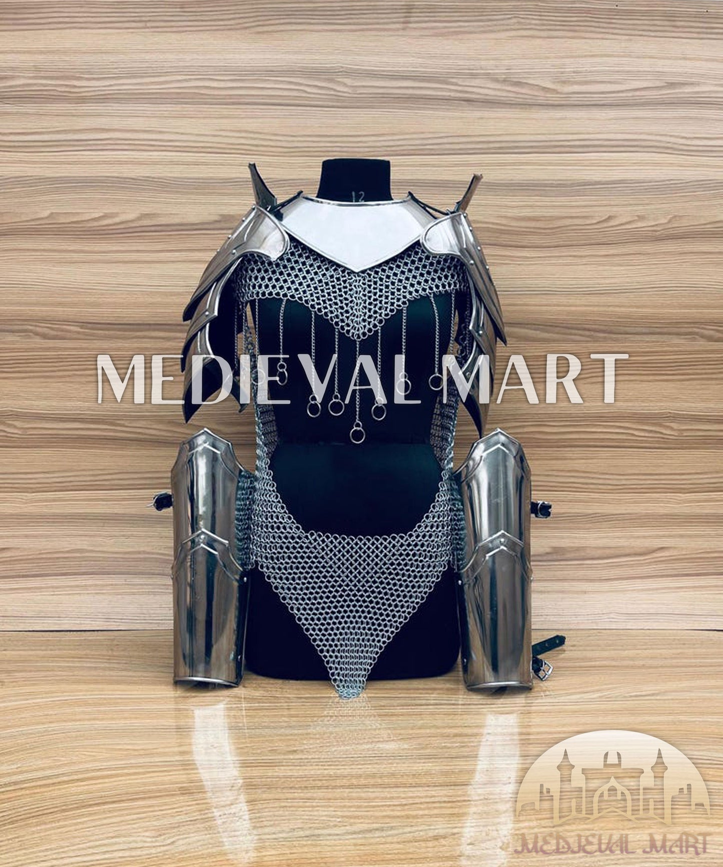MEDIEVALMART (Isolara Dragonplate) Women’s Armor W/H (Sable Knight) Chainmail + Arms Armor
