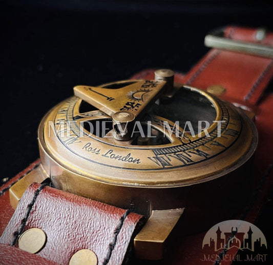 MEDIEVALMART Nautical Custom Engraved Sun Clock Compass Hand Watch Gold Finish W/H Leather Strap | Gift For Him
