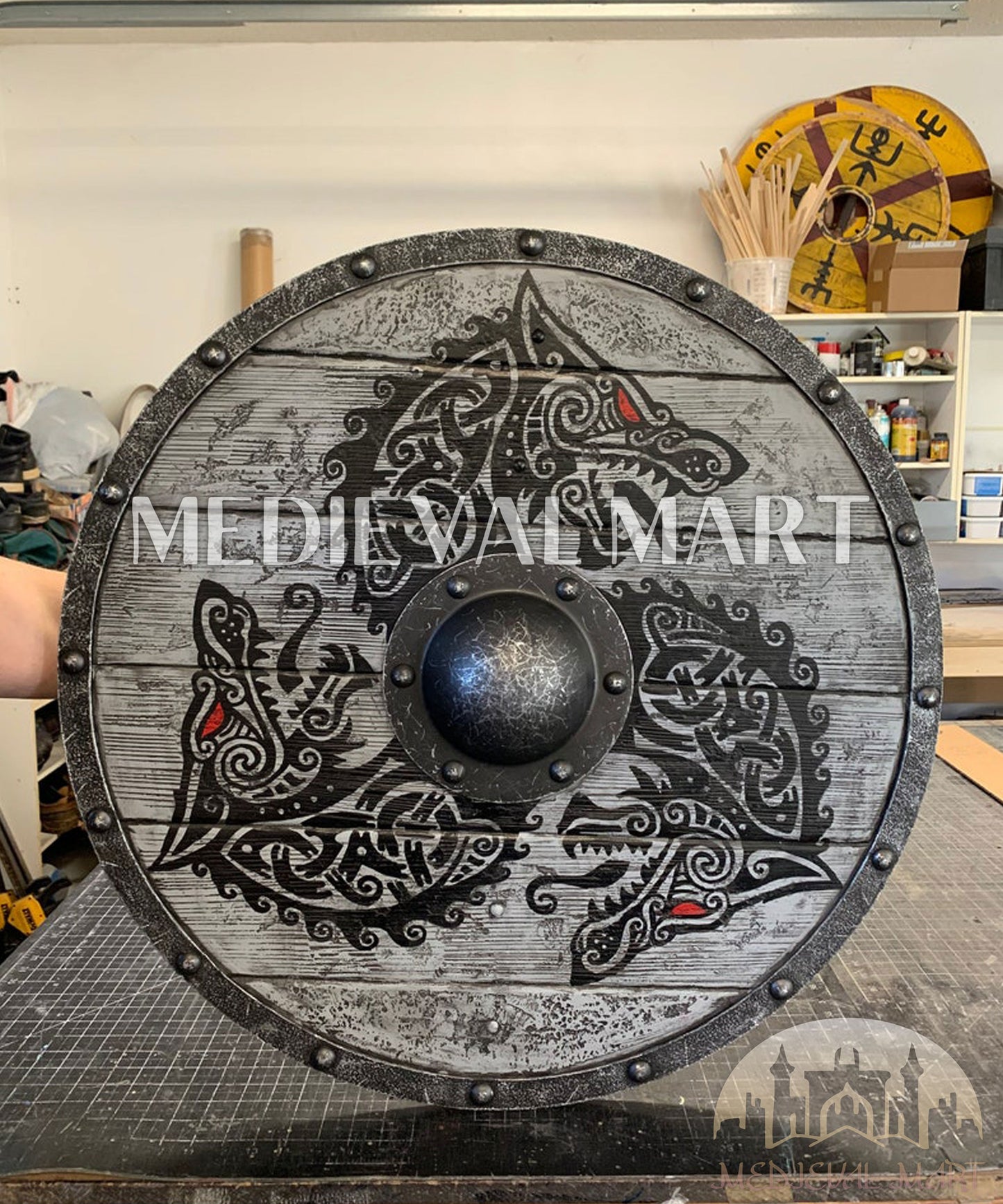 MEDIEVALMART Viking's Fenrir Gray Athena’s Authentic Battleworn Viking Wooden Shield | Gifts For Dad