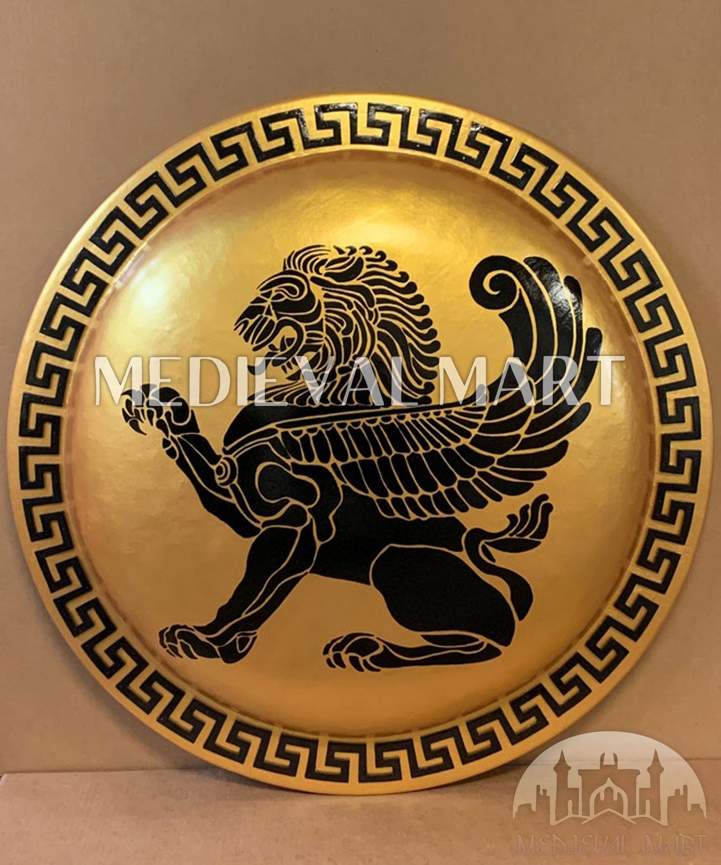 MEDIEVALMART Iconic Greek Hoplite Black/Gold Lion Battleworn Metal/Brass Shield | Gifts For Dad