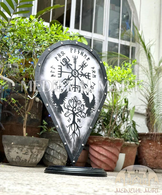 MEDIEVALMART Norse Vegvisir Viking Wooden Shield W/H Ravens & Yggdrasil | Gift for Dad