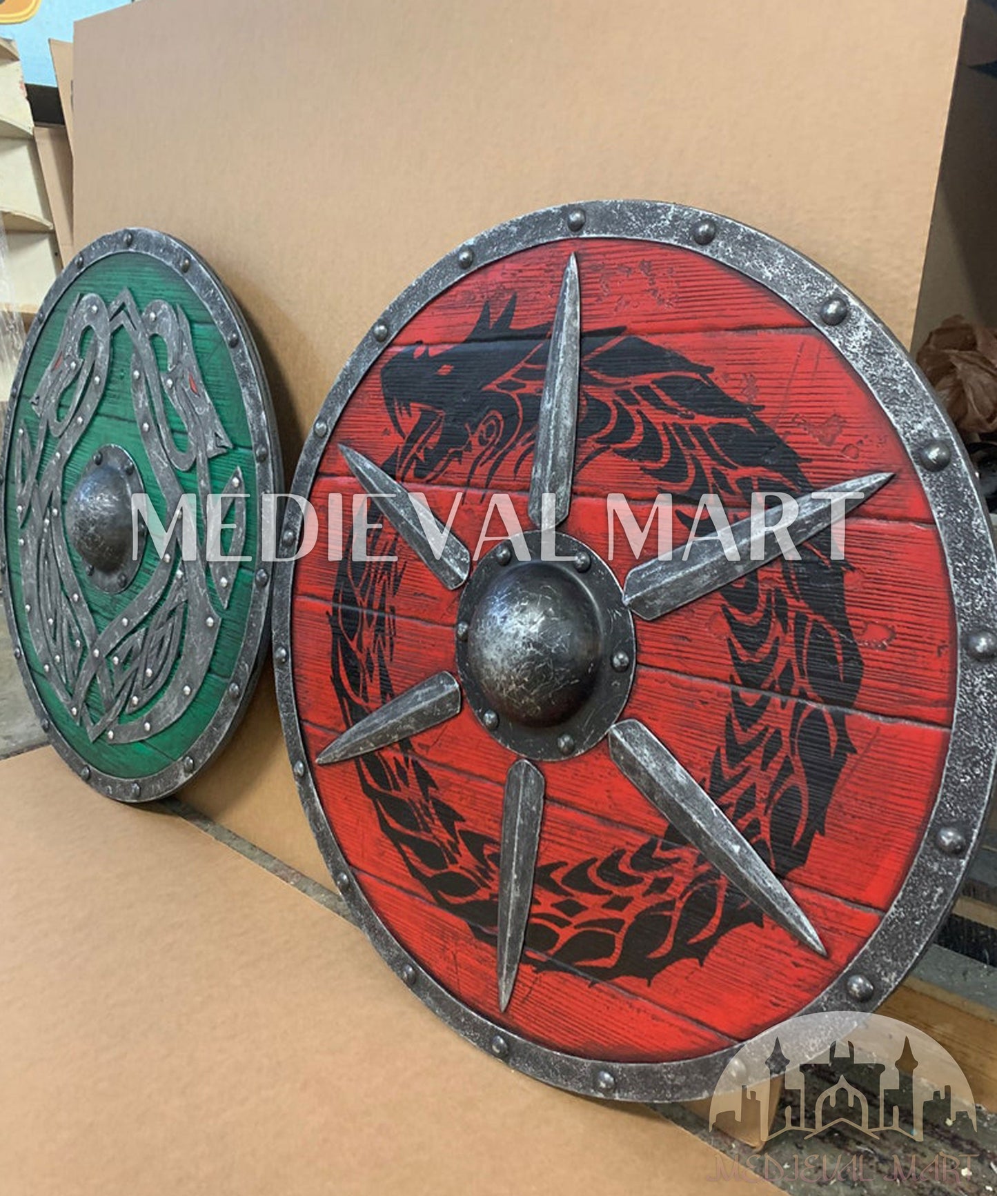 MEDIEVALMART Valhalla GREEN Sea Dragon Jörmungandr Authentic Battleworn Viking Wooden Shield | Gifts For Dad