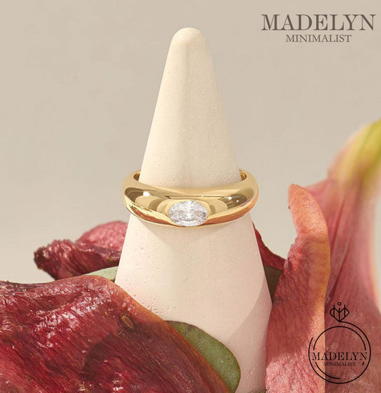 MADELYN MINIMALIST 14k Solid Gold Bezel Diamond Dome Engagement Ring Chunky Thick Band | Gift for Mom