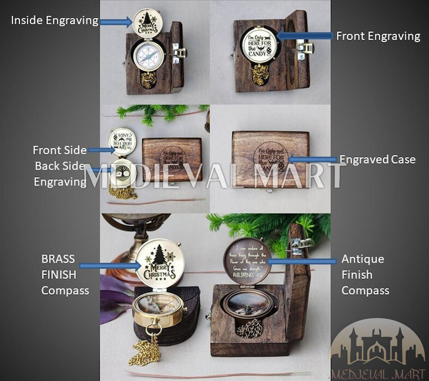 MEDIEVALMART Personalized Nautical Brass Compass Gold Or Bronze Finish W/H Gen-2 Wooden Case | Gift For Christmas