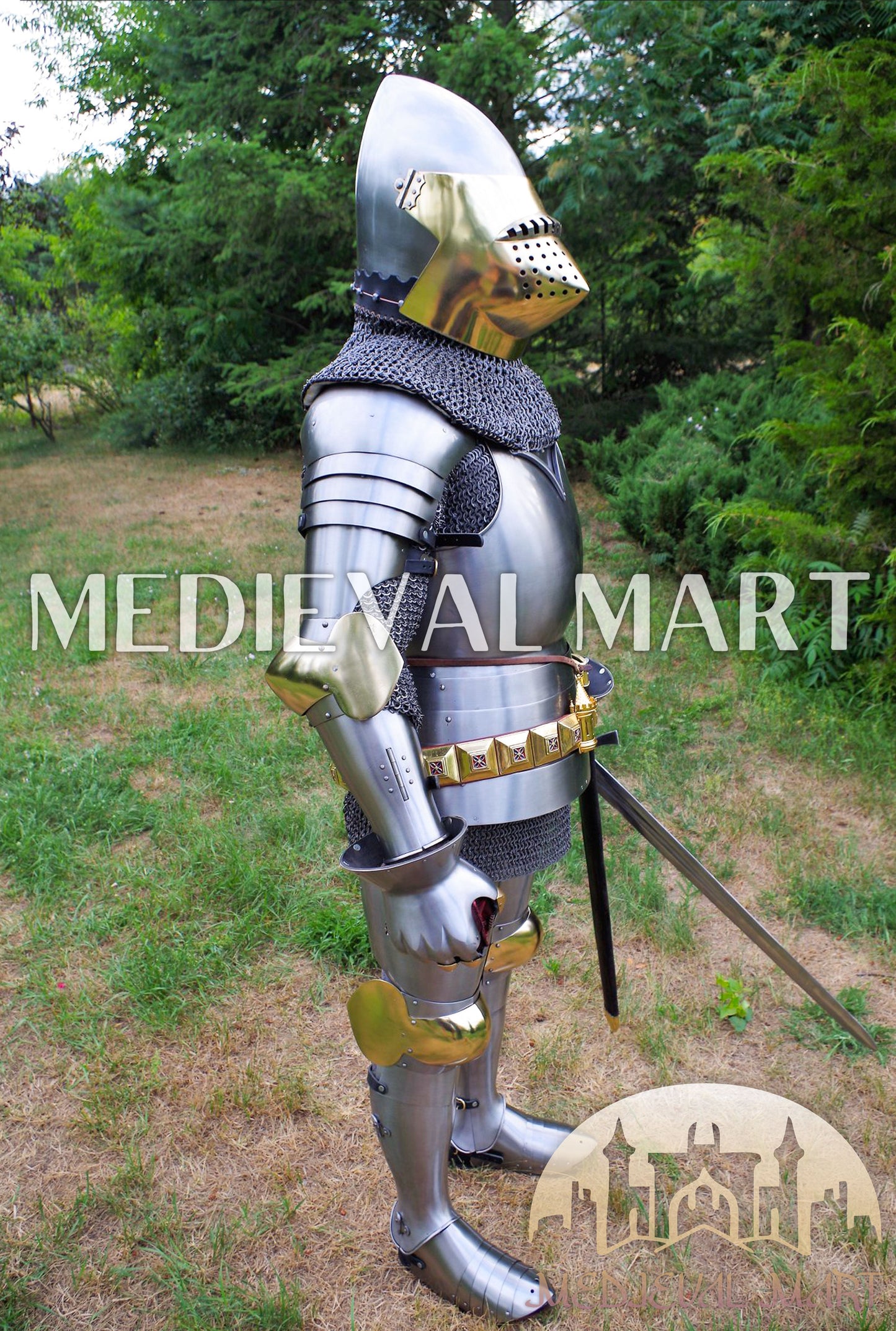 MEDIEVALMART Historical Knight Full Body Steel Armor Suit W/H Hundsgugel Helmet, Cuirass Stop Rib or Brass Touch