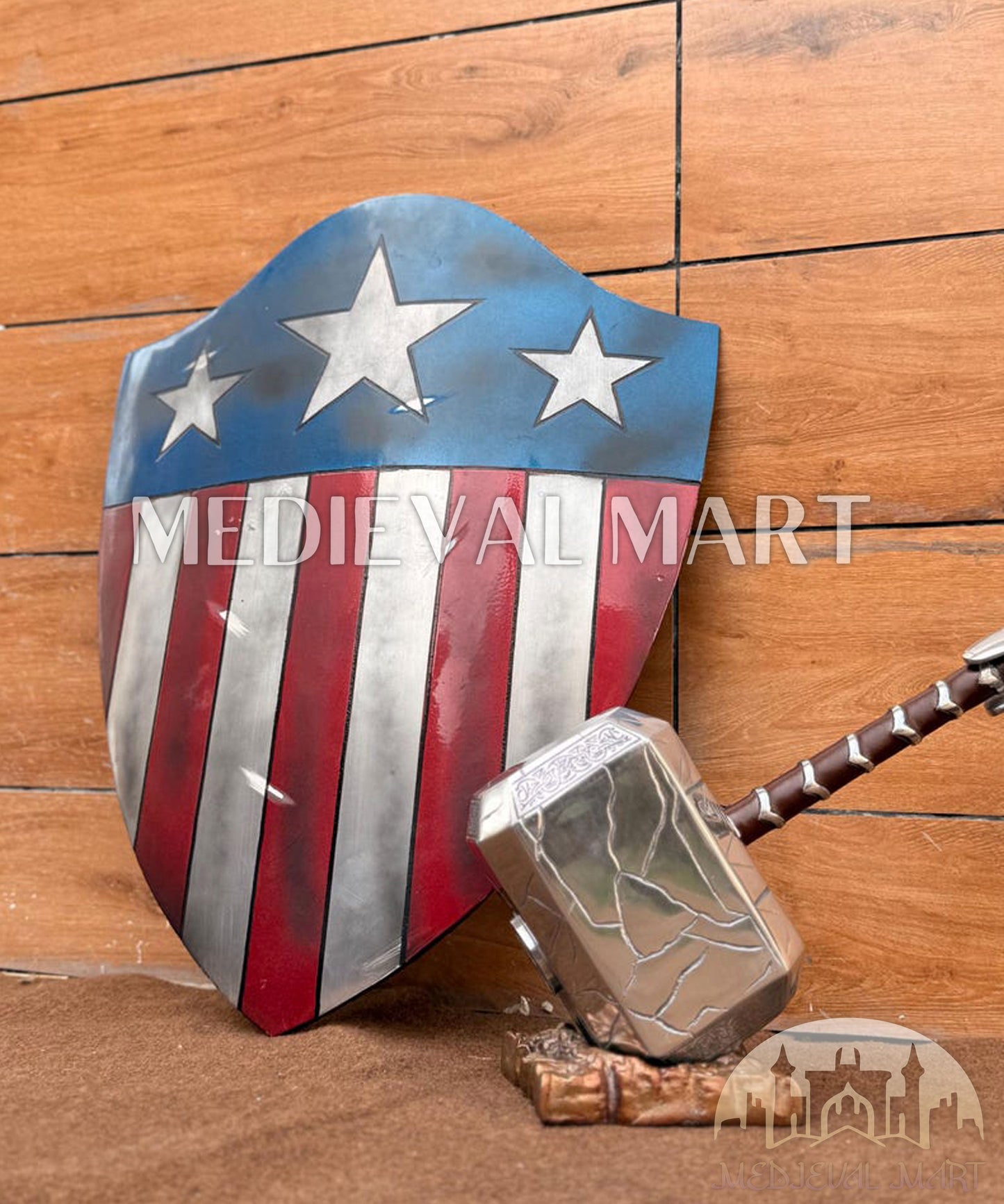 MEDIEVALMART First Avengers Steve Rogers Damaged Shield W/H Thor Damage Hammer | Gift for Son