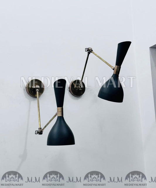 MEDIEVALMART Mid Century Italian Brass Wall Sconce Pair Adjustable Stilnovo Lighting