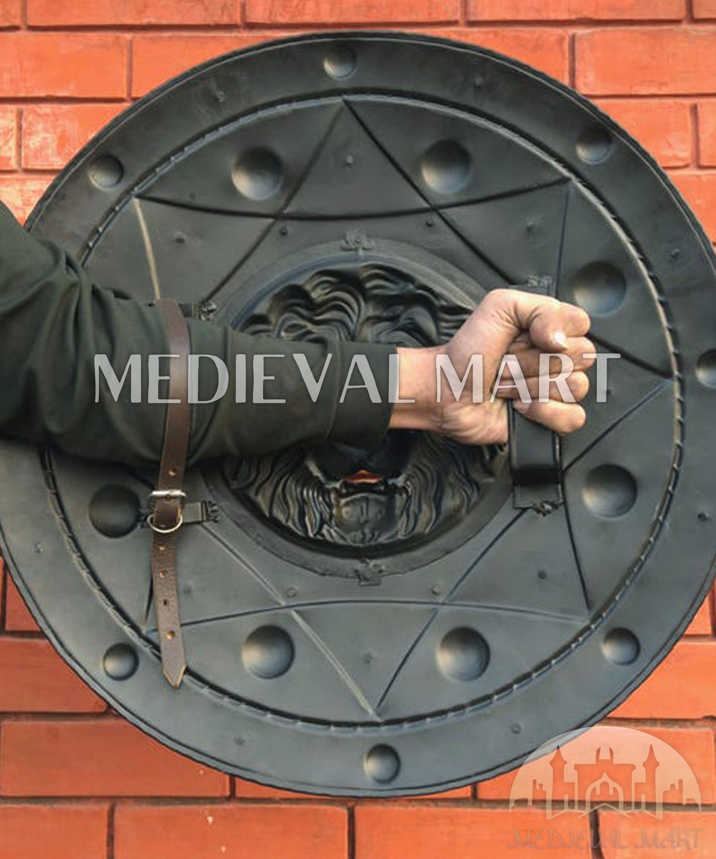MEDIEVALMART Medieval Lion Face Spartan Shield W/H Black Finish | Gift For Dad