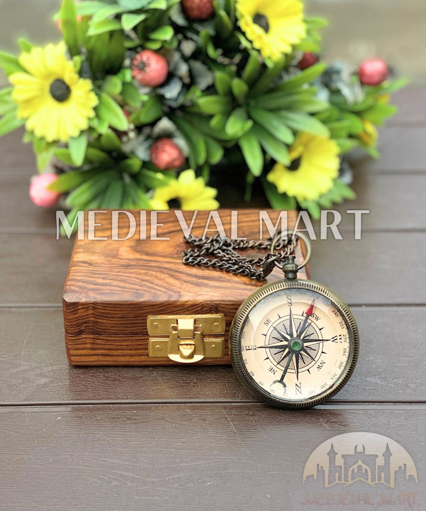 MEDIEVALMART Personalized Antique Finish Locket Compass W/H GEN-2 Custom Wooden Case | Gifts For Her or Mom